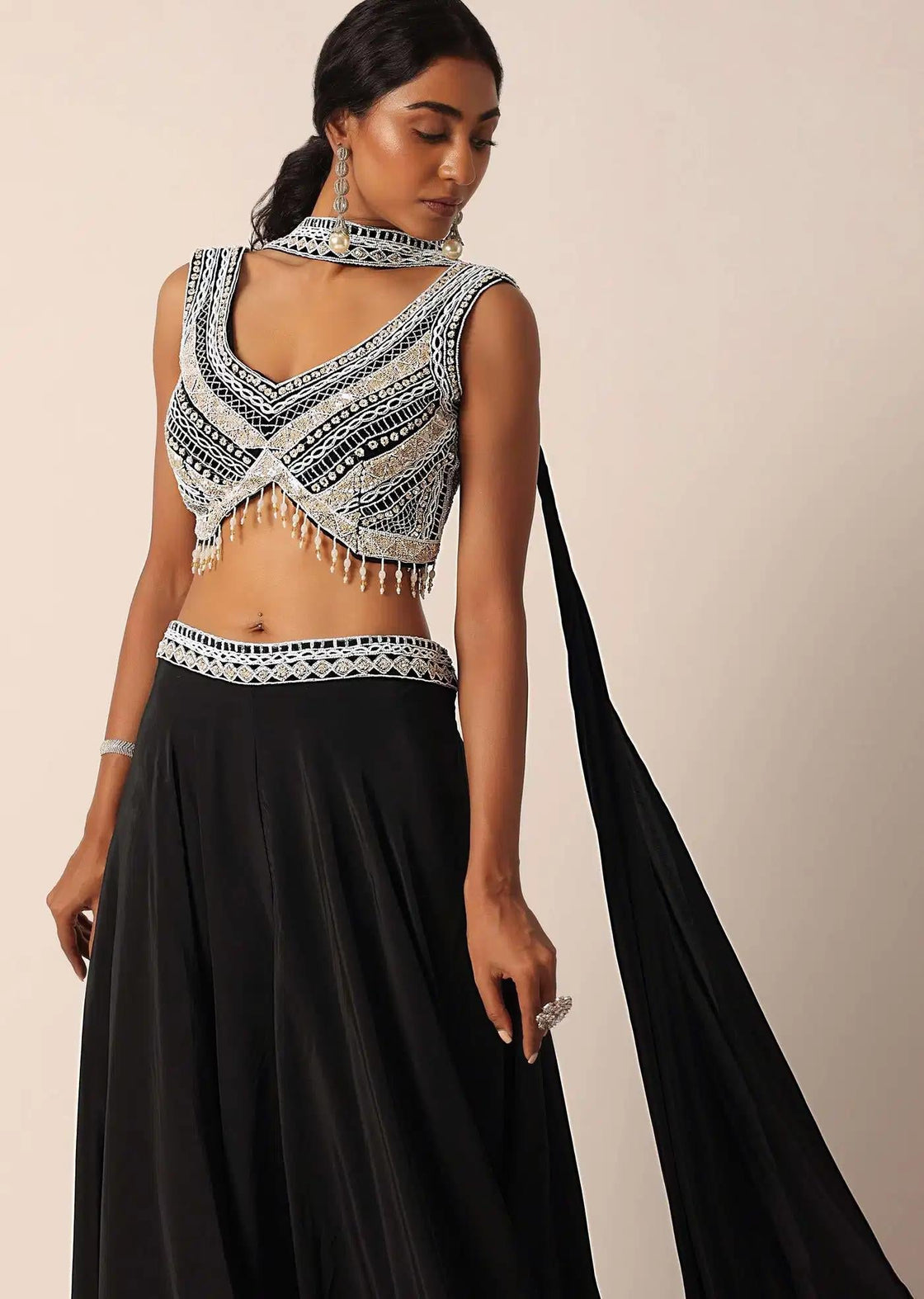 Black Embellished Palazzo And Blouse Set With Bead Highlights