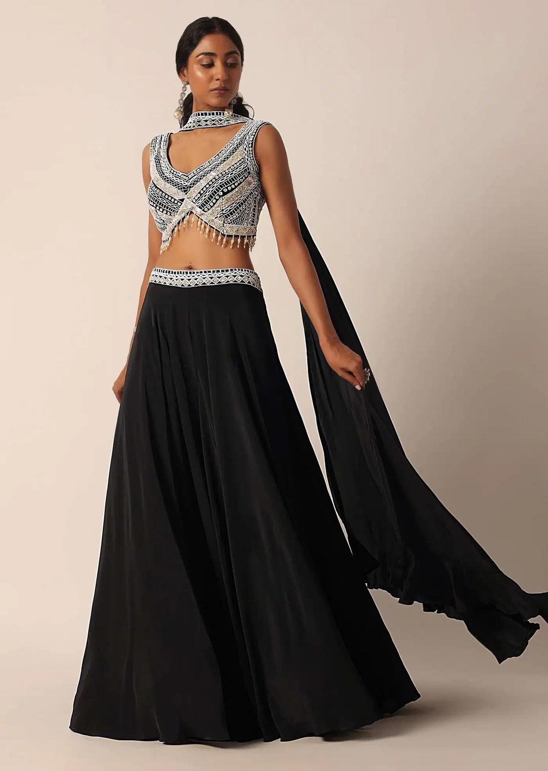 Black Embellished Palazzo And Blouse Set With Bead Highlights