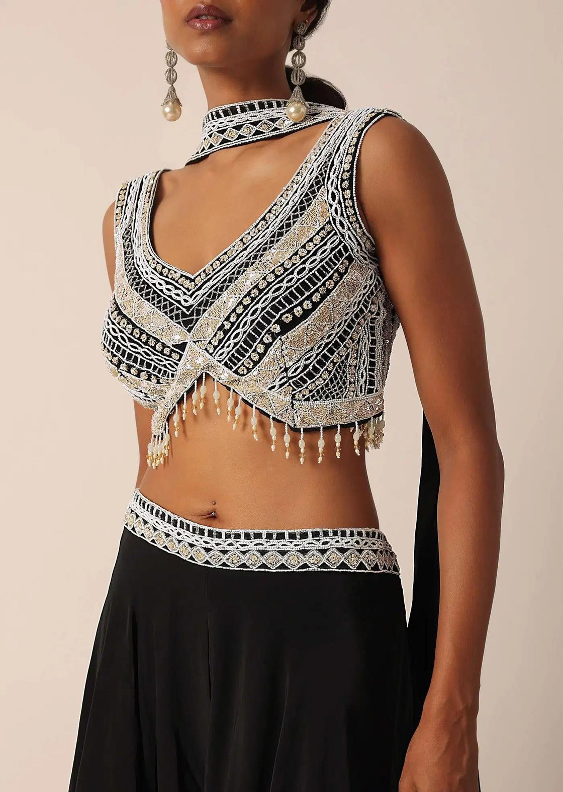 Black Embellished Palazzo And Blouse Set With Bead Highlights