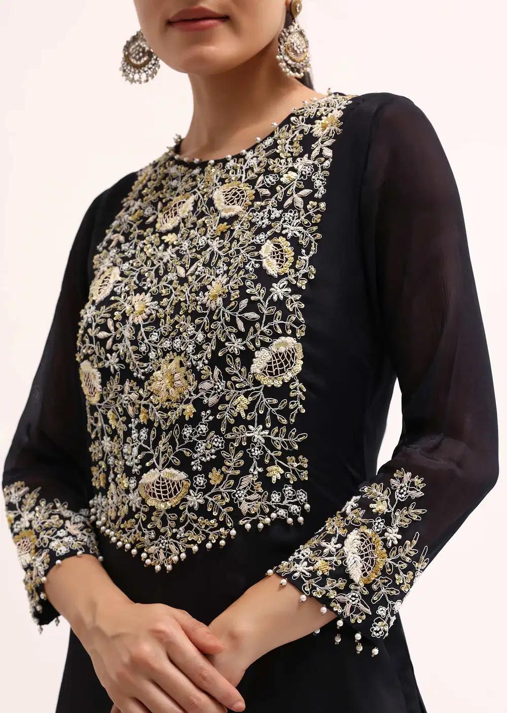 Black Embroidered Georgette Kurta Pant Outfit