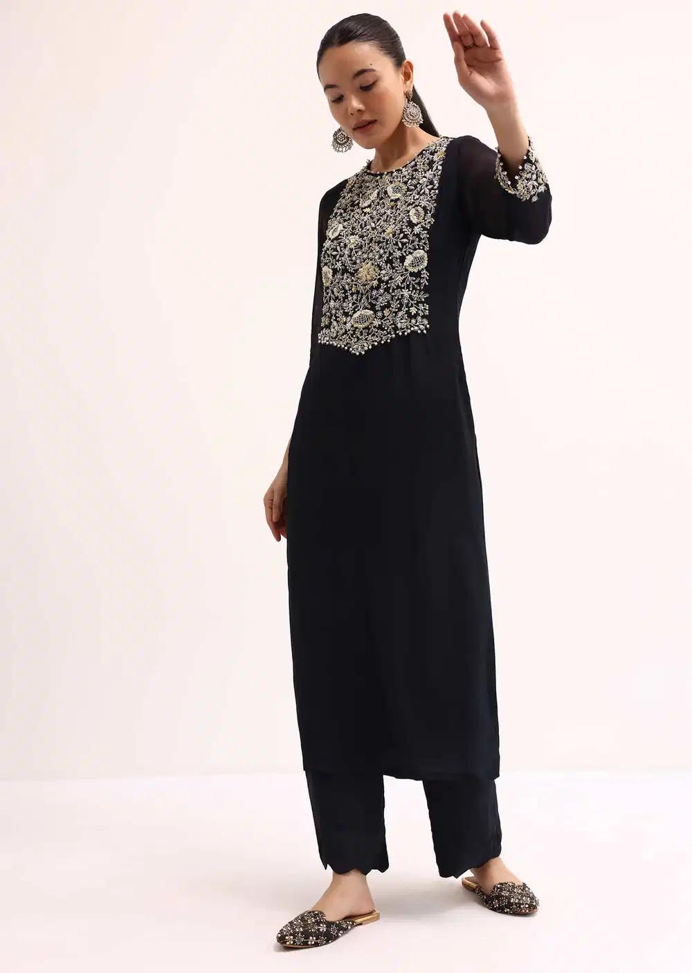 Black Embroidered Georgette Kurta Pant Outfit