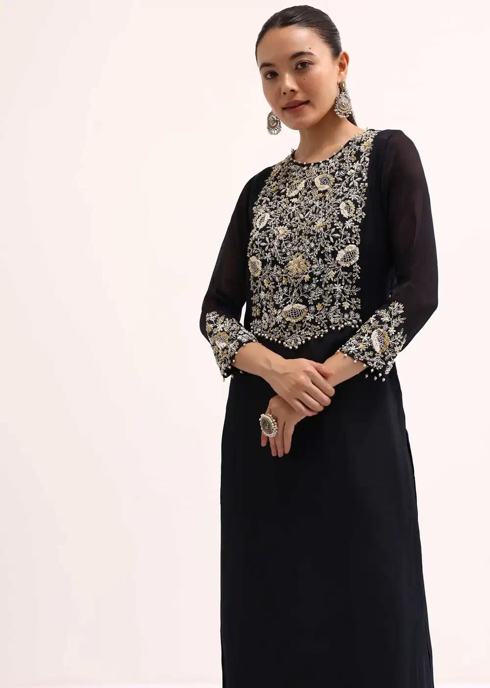 Black Embroidered Georgette Kurta Pant Outfit
