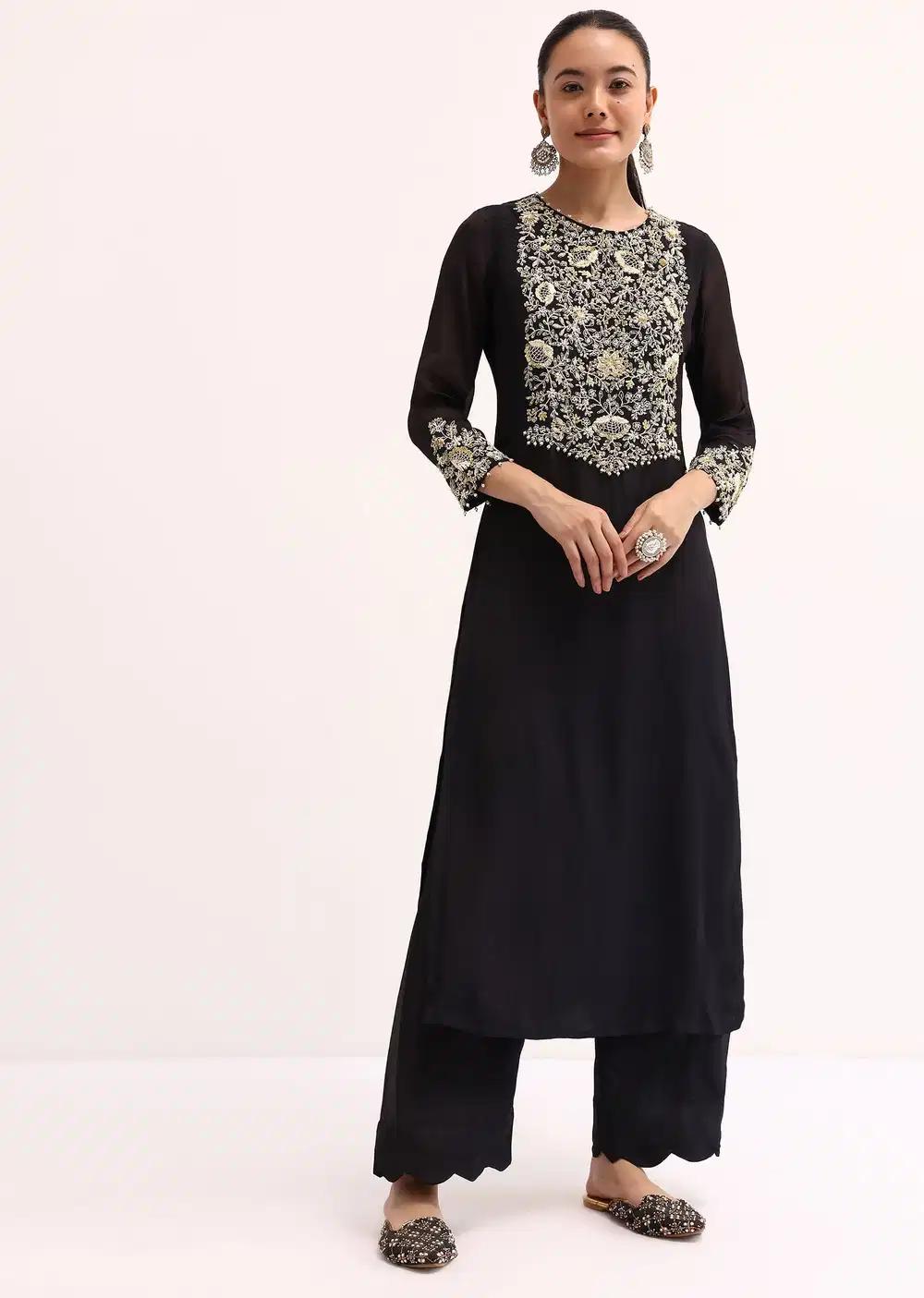 Black Embroidered Georgette Kurta Pant Outfit