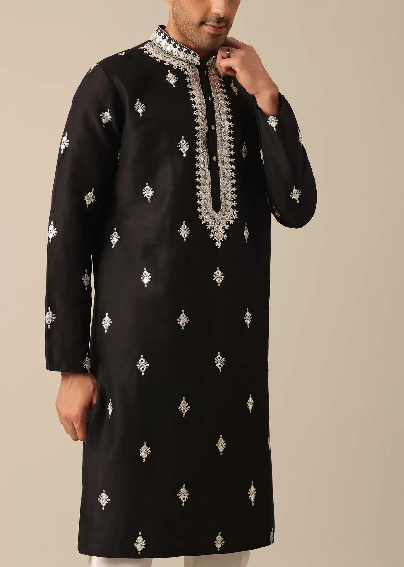 Black Embroidered Kurta Set In Silk Elegant Designer Kurta Sets