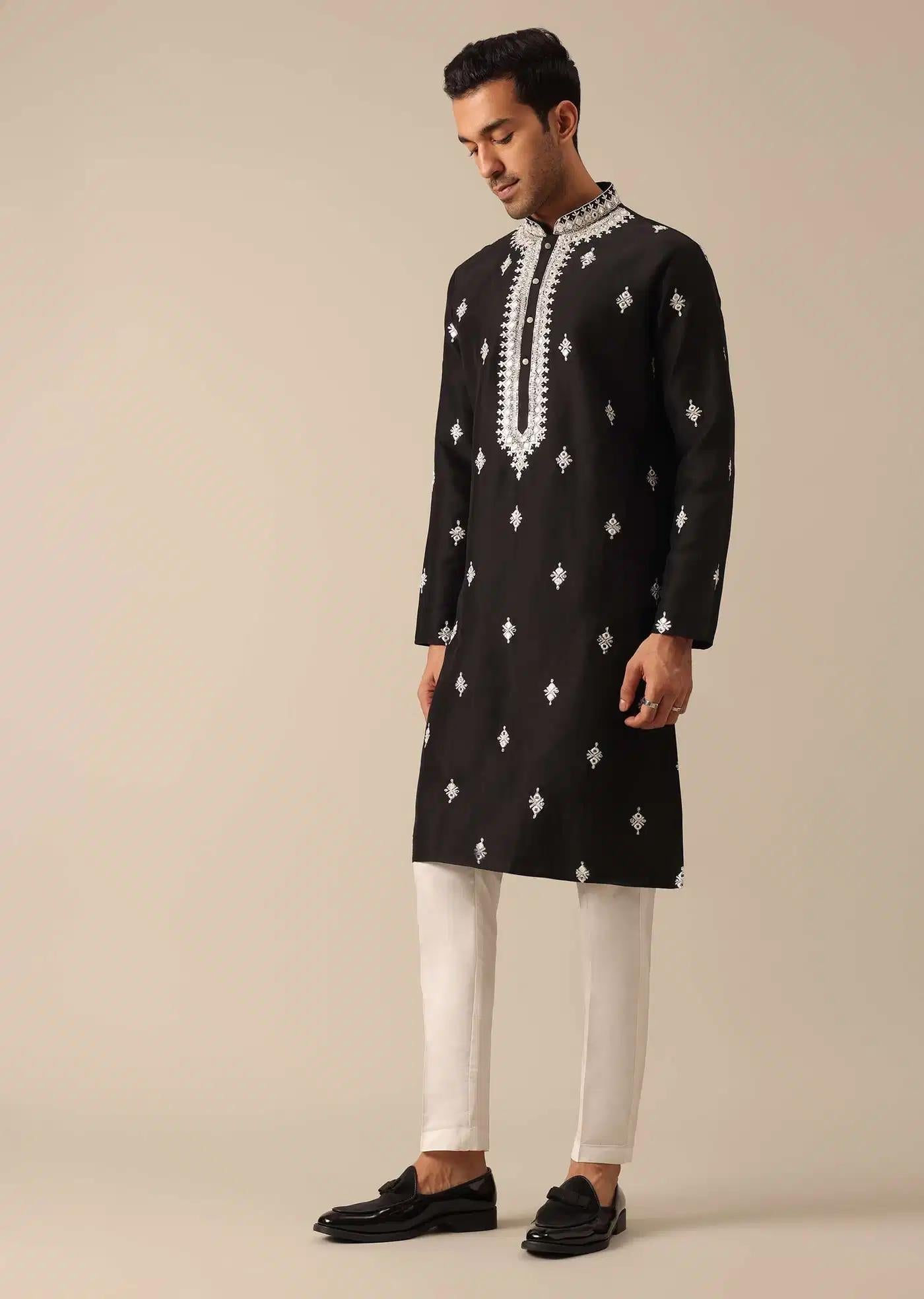 Black Embroidered Kurta Set In Silk Elegant Designer Kurta Sets