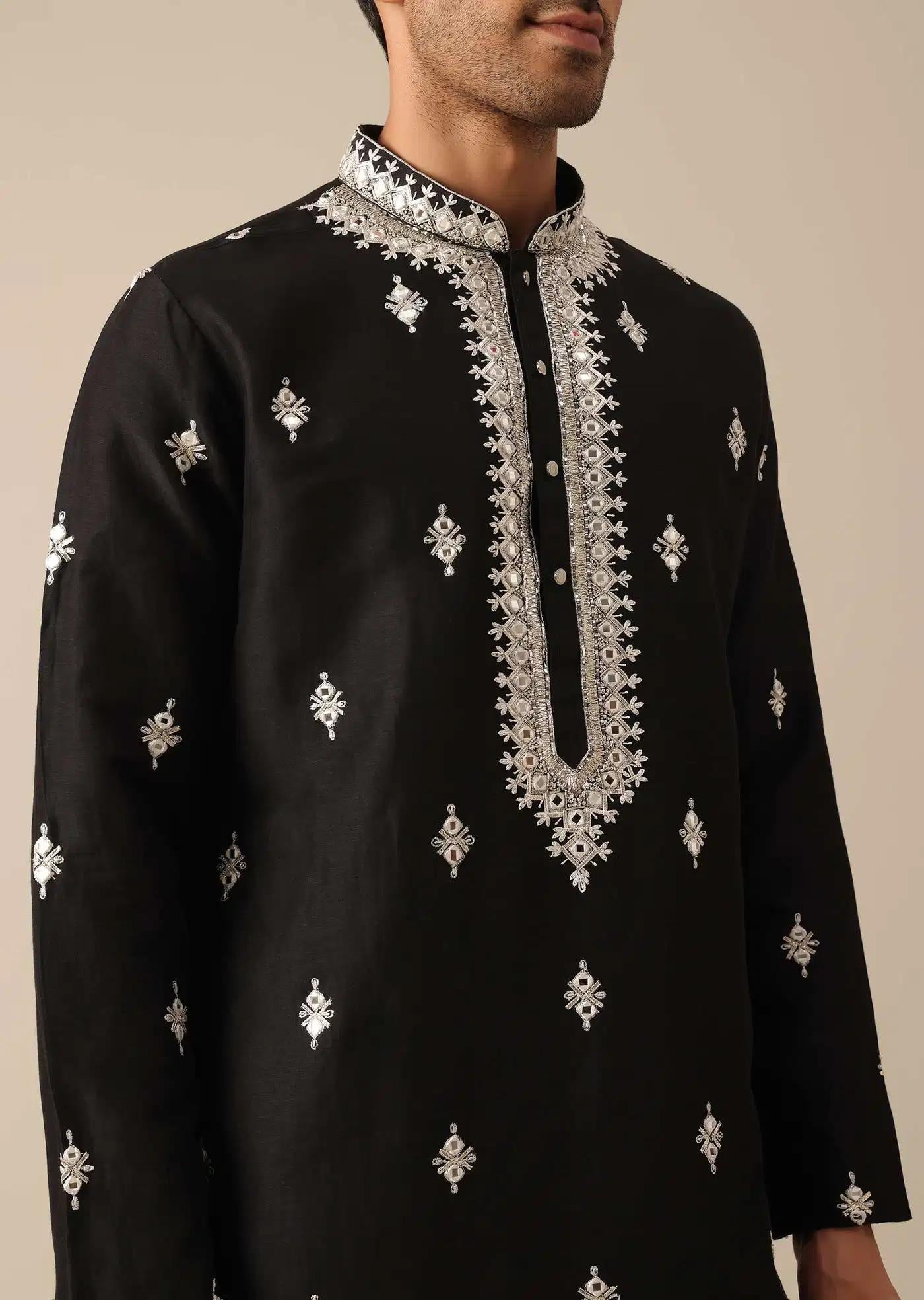 Black Embroidered Kurta Set In Silk Elegant Designer Kurta Sets