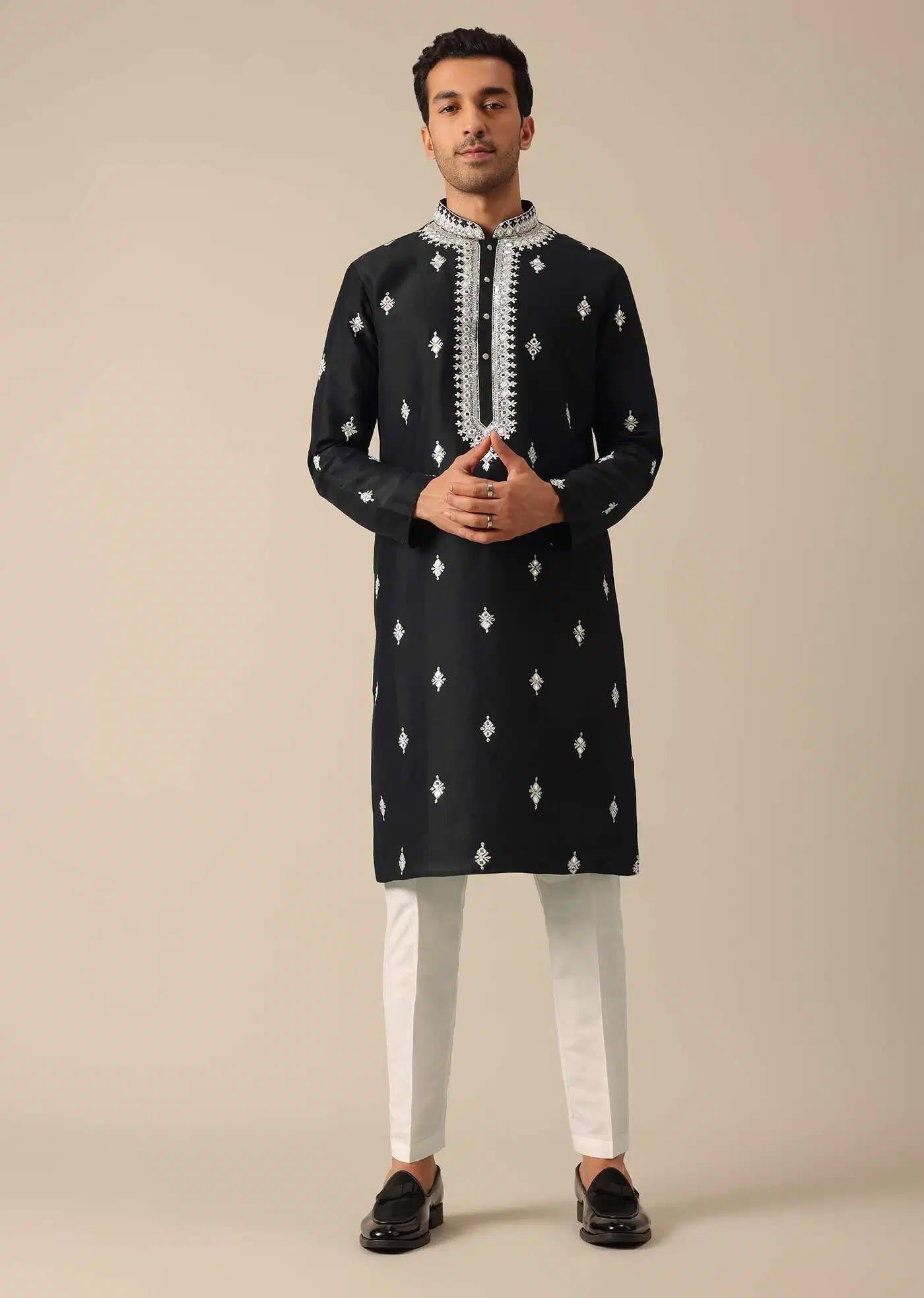 Black Embroidered Kurta Set In Silk Elegant Designer Kurta Sets