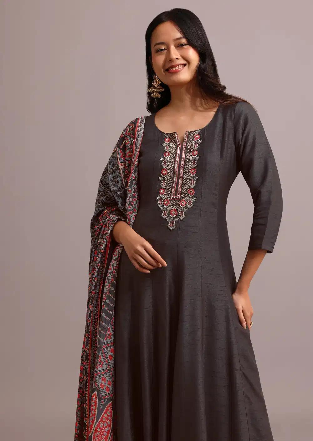 Black Embroidered Kurti Ensemble With Modal Silk Ajrakh Printed Dupatta