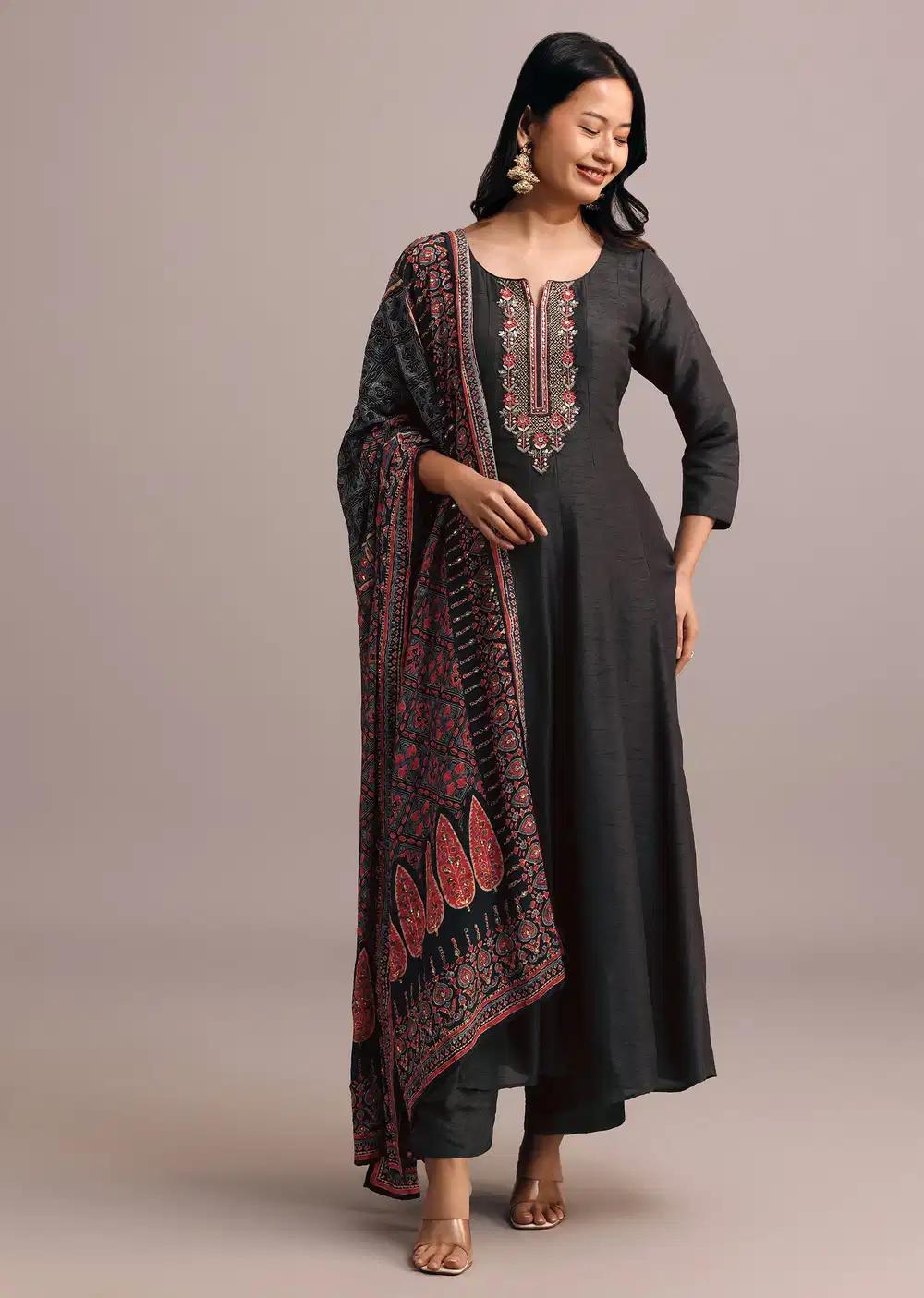 Black Embroidered Kurti Ensemble With Modal Silk Ajrakh Printed Dupatta