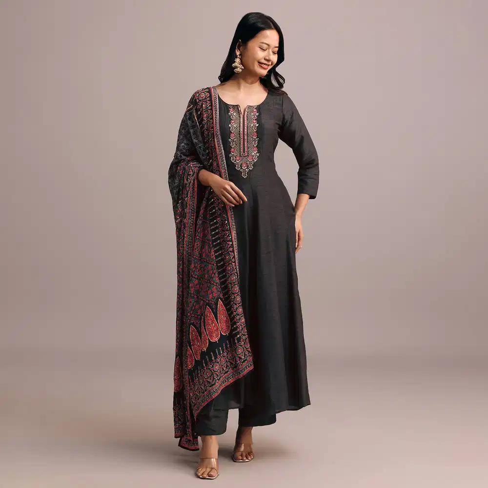 Black Embroidered Kurti Ensemble With Modal Silk Ajrakh Printed Dupatta