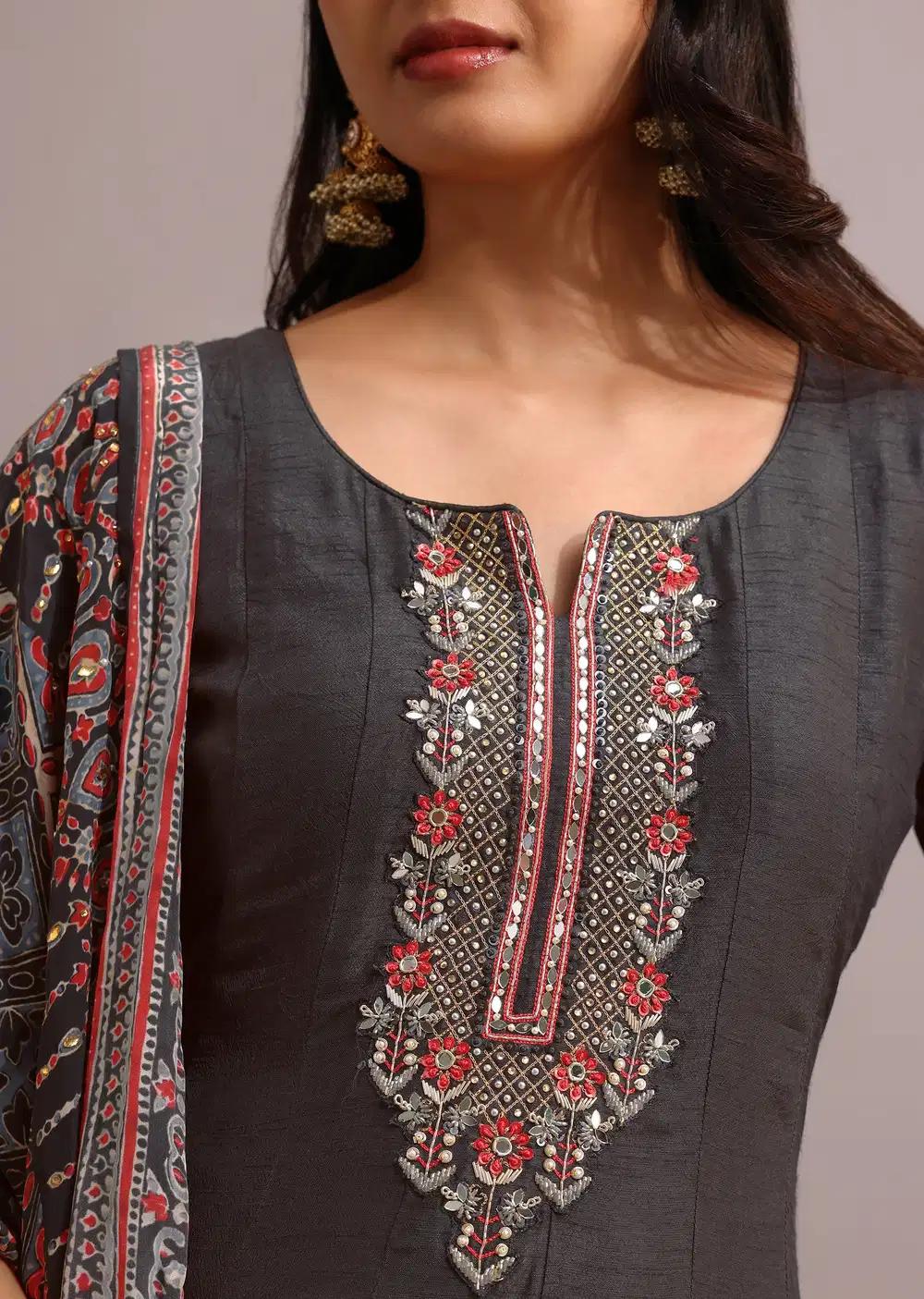 Black Embroidered Kurti Ensemble With Modal Silk Ajrakh Printed Dupatta