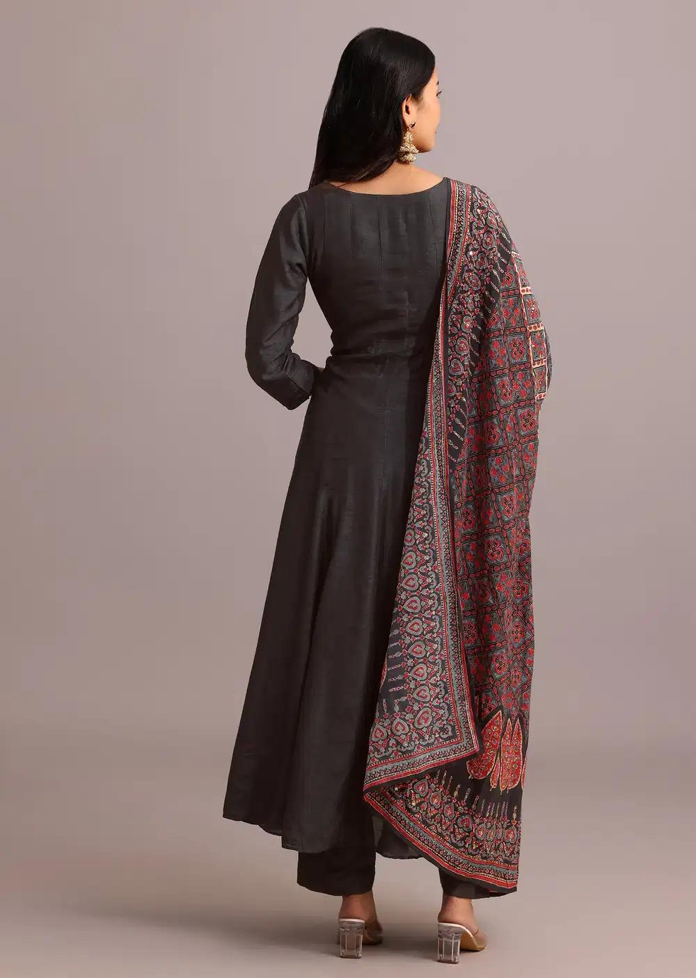 Black Embroidered Kurti Ensemble With Modal Silk Ajrakh Printed Dupatta