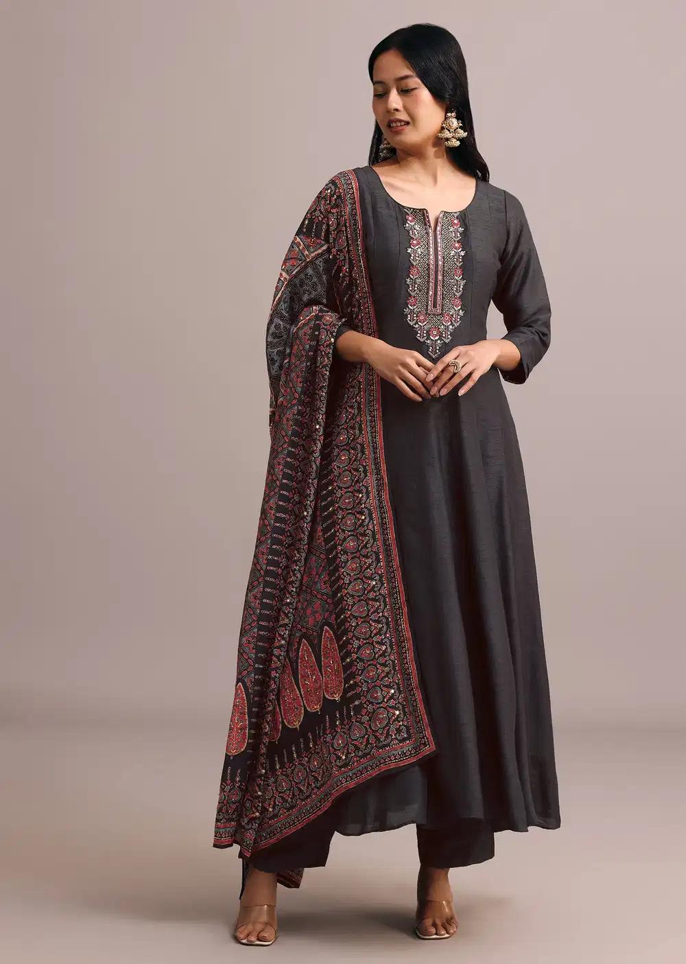 Black Embroidered Kurti Ensemble With Modal Silk Ajrakh Printed Dupatta