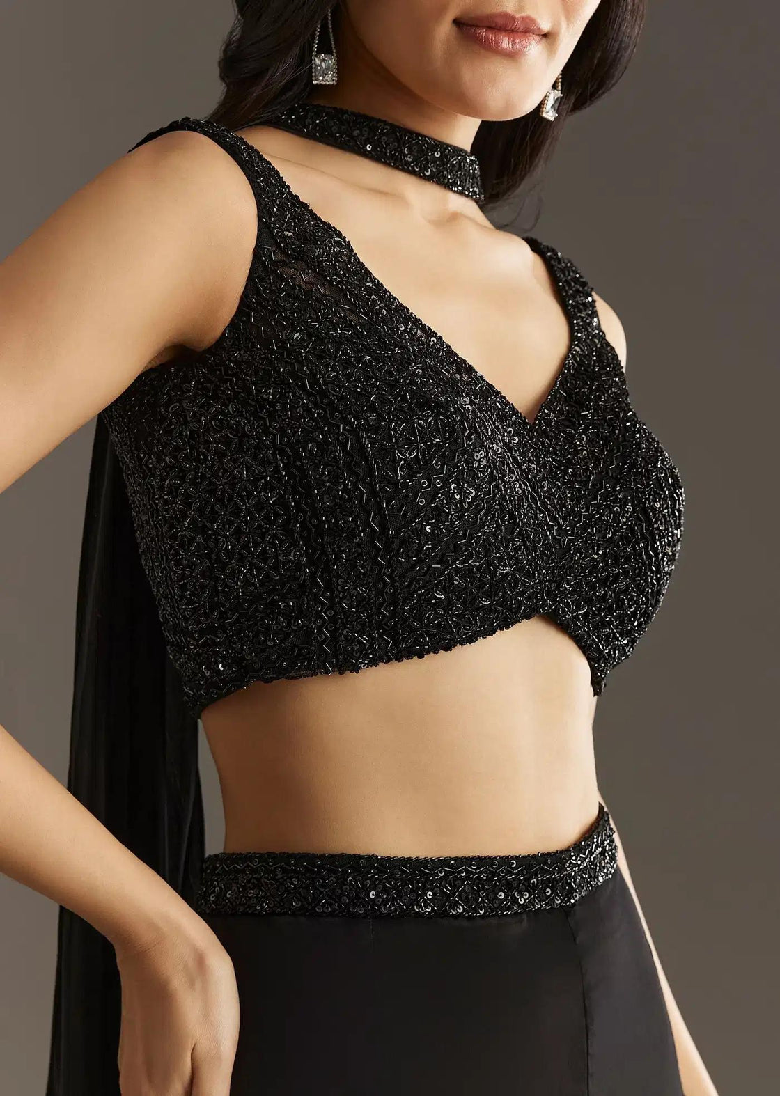 Black Embroidered Palazzo Set With Croptop And Choker Dupatta