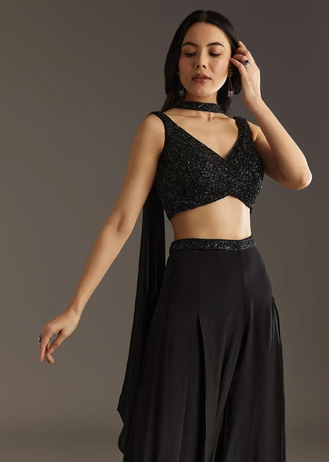 Black Embroidered Palazzo Set With Croptop And Choker Dupatta