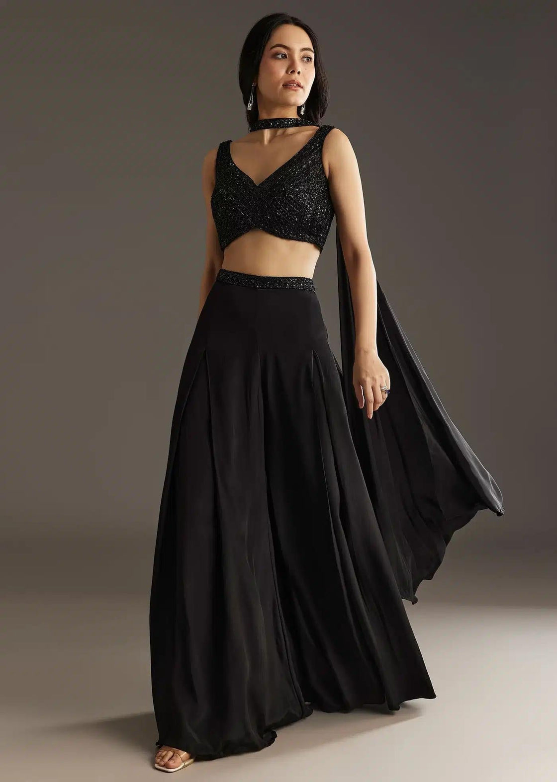Black Embroidered Palazzo Set With Croptop And Choker Dupatta