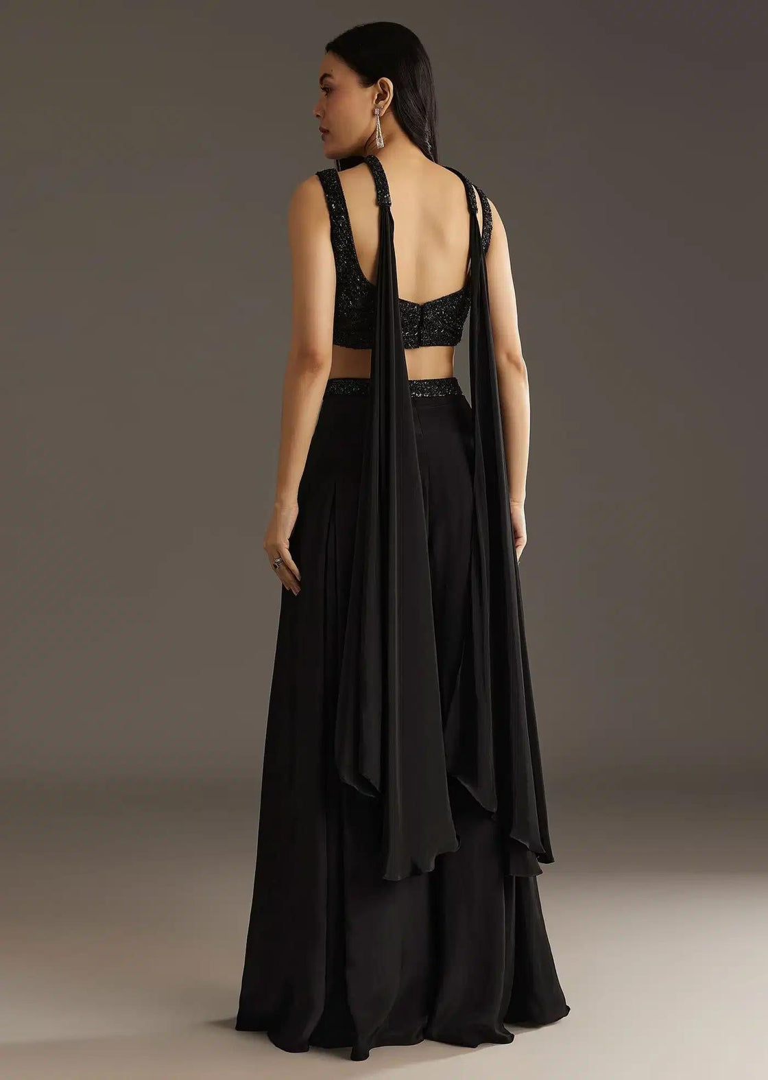 Black Embroidered Palazzo Set With Croptop And Choker Dupatta