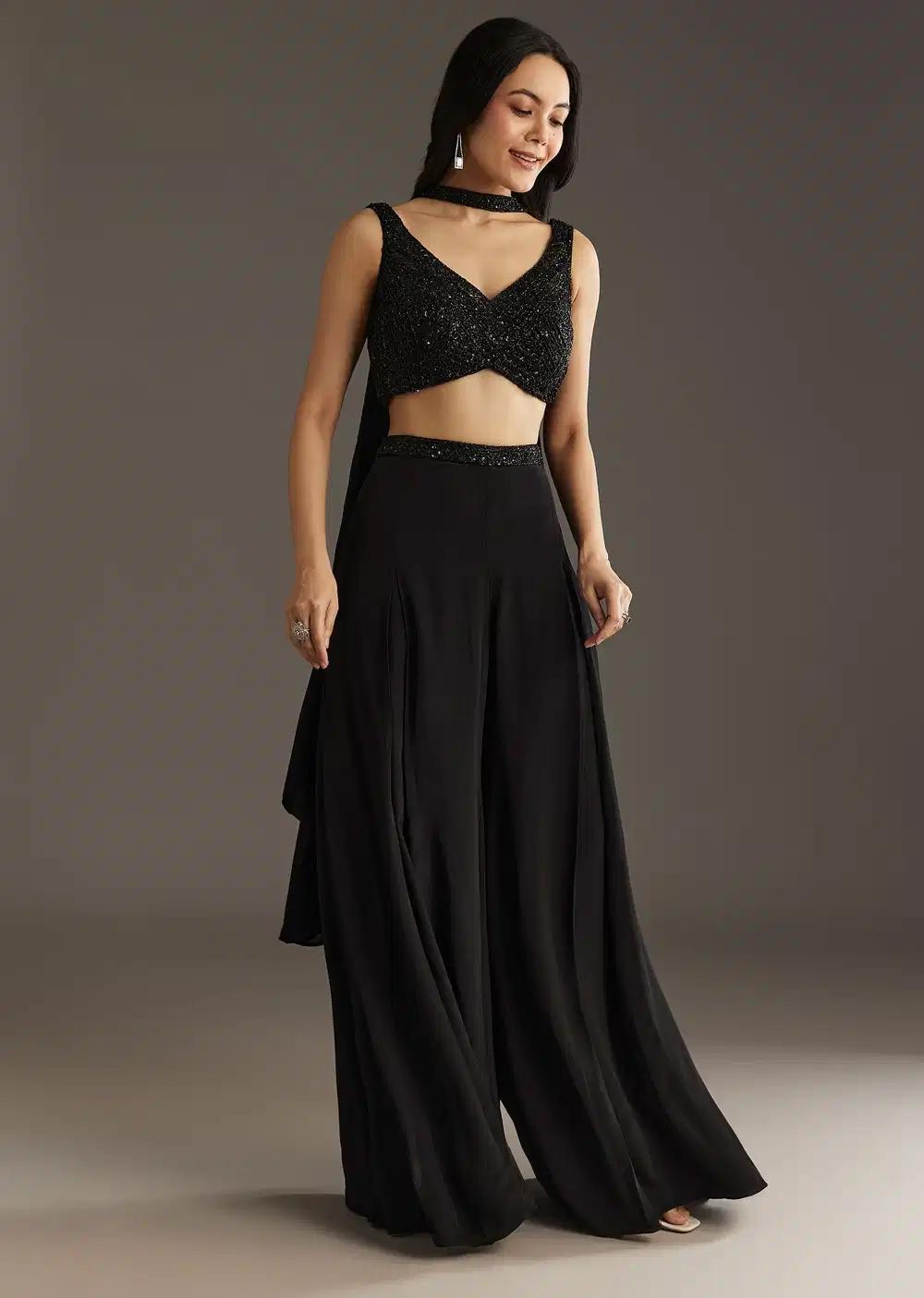 Black Embroidered Palazzo Set With Croptop And Choker Dupatta