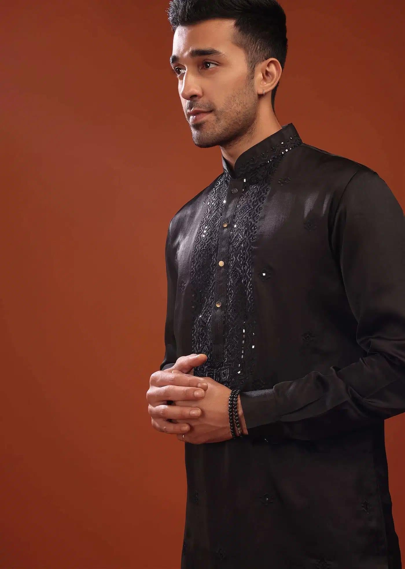 Black Festive Kurta In Mini Silk With Lucknowi Embroidery Elegant Designer Kurta Sets
