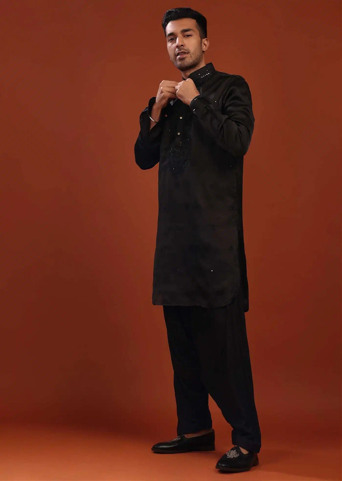 Black Festive Kurta In Mini Silk With Lucknowi Embroidery Elegant Designer Kurta Sets