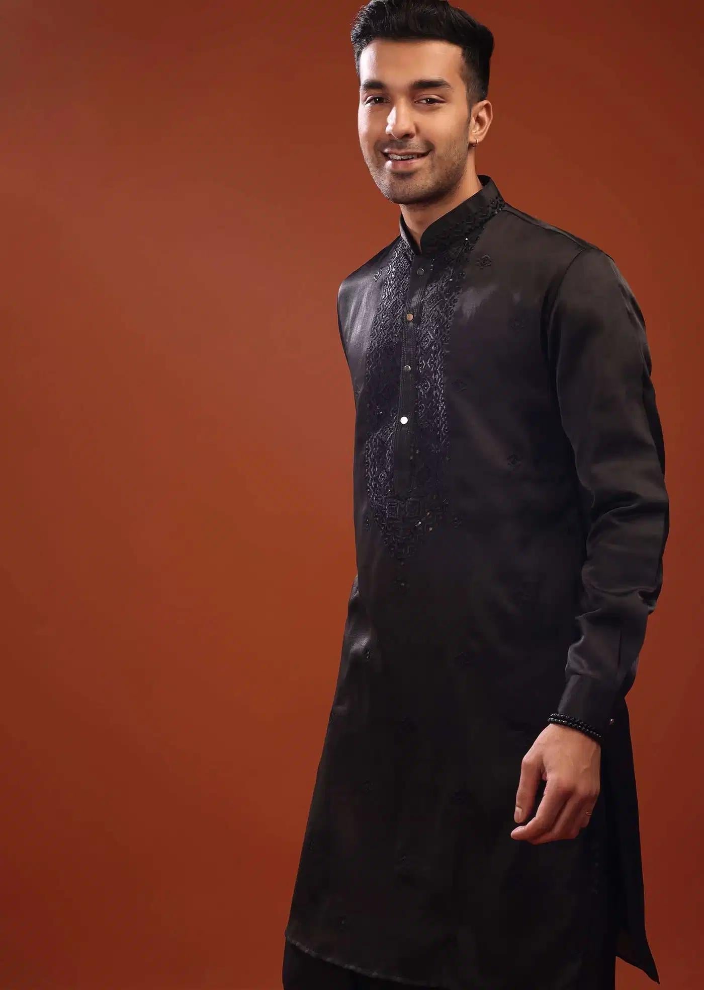 Black Festive Kurta In Mini Silk With Lucknowi Embroidery Elegant Designer Kurta Sets