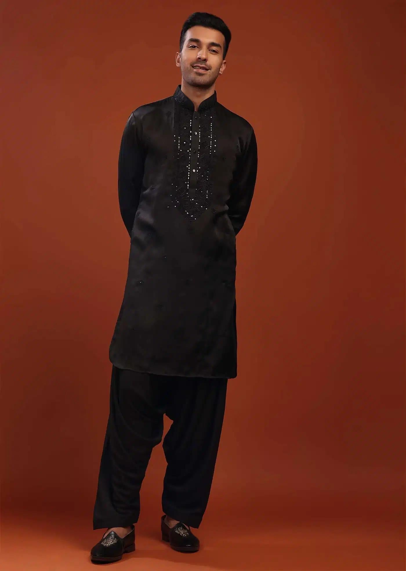 Black Festive Kurta In Mini Silk With Lucknowi Embroidery Elegant Designer Kurta Sets