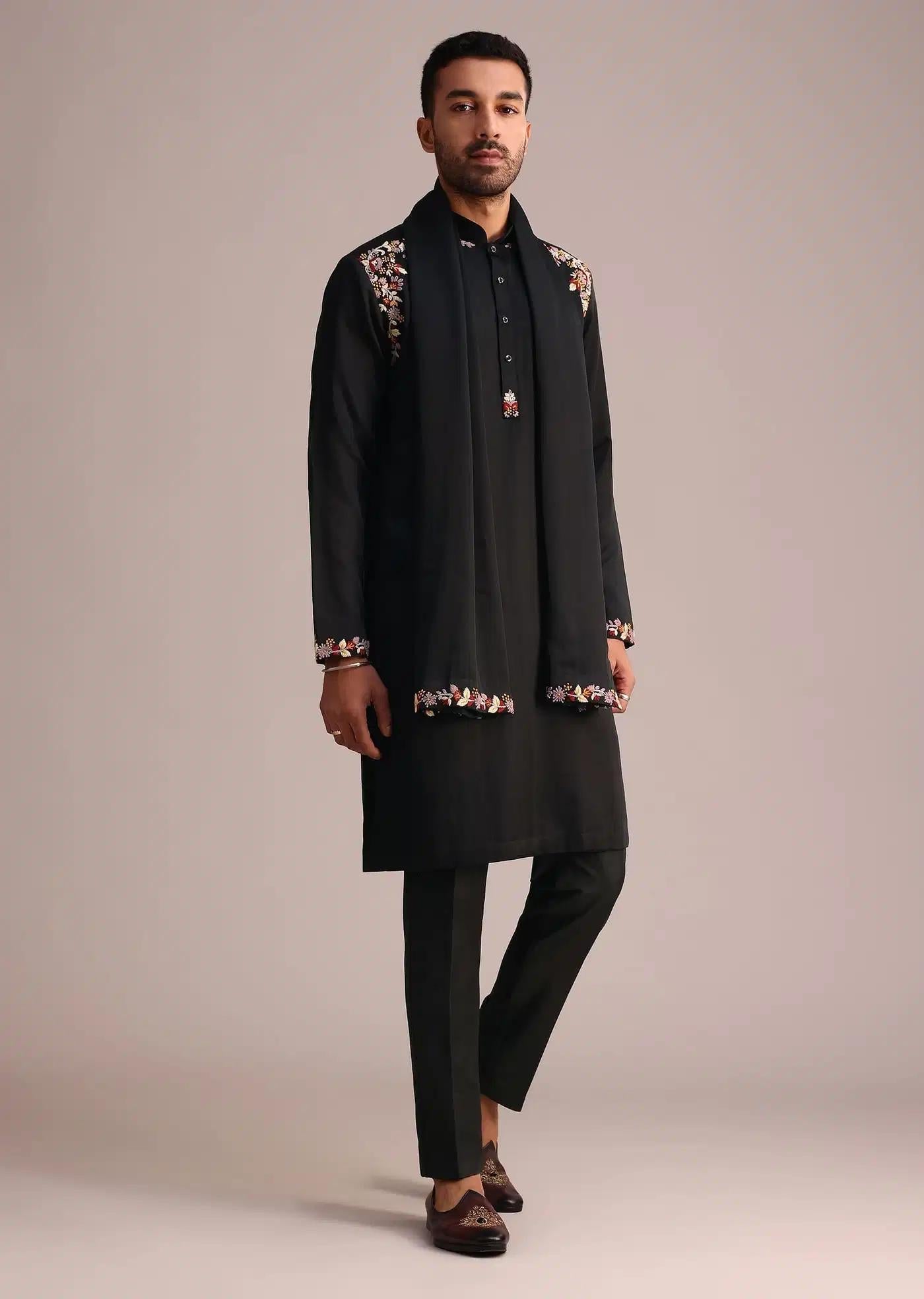 Black Floral Embroidery Work Kurta Set With Dupatta Elegant Designer Kurta Sets