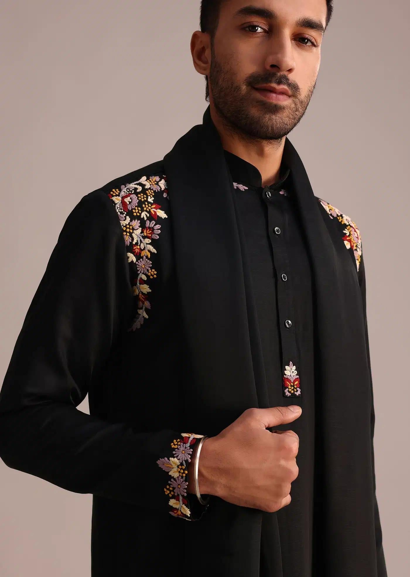 Black Floral Embroidery Work Kurta Set With Dupatta Elegant Designer Kurta Sets