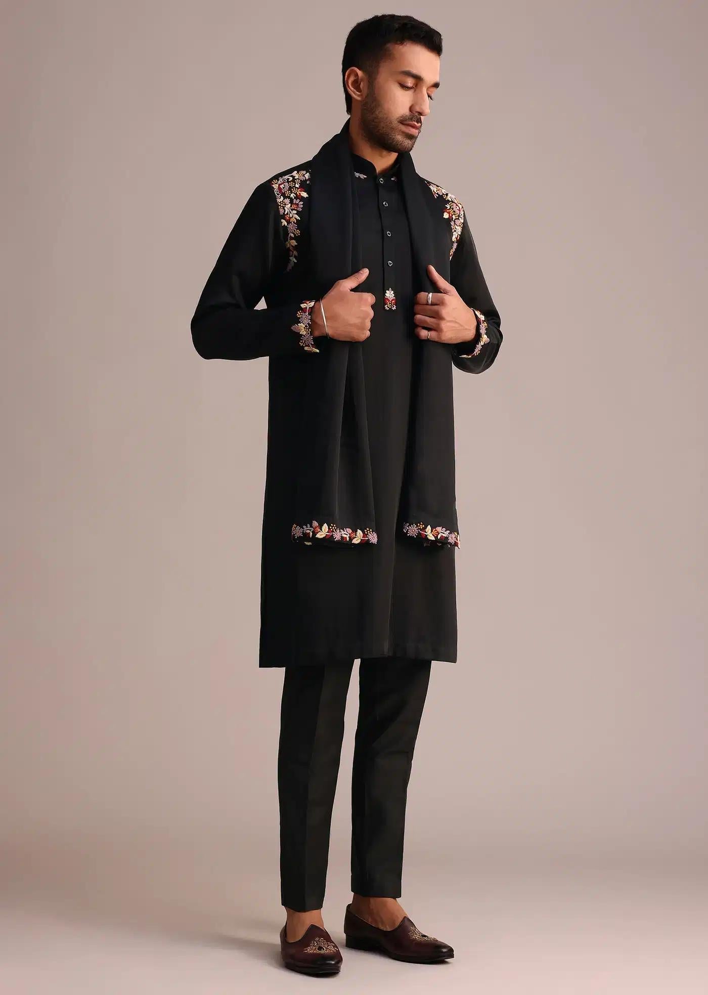 Black Floral Embroidery Work Kurta Set With Dupatta Elegant Designer Kurta Sets