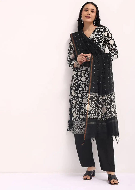 Black Floral Printed Chanderi Kurta Ensemble With Bandhani Dupatta Outfit