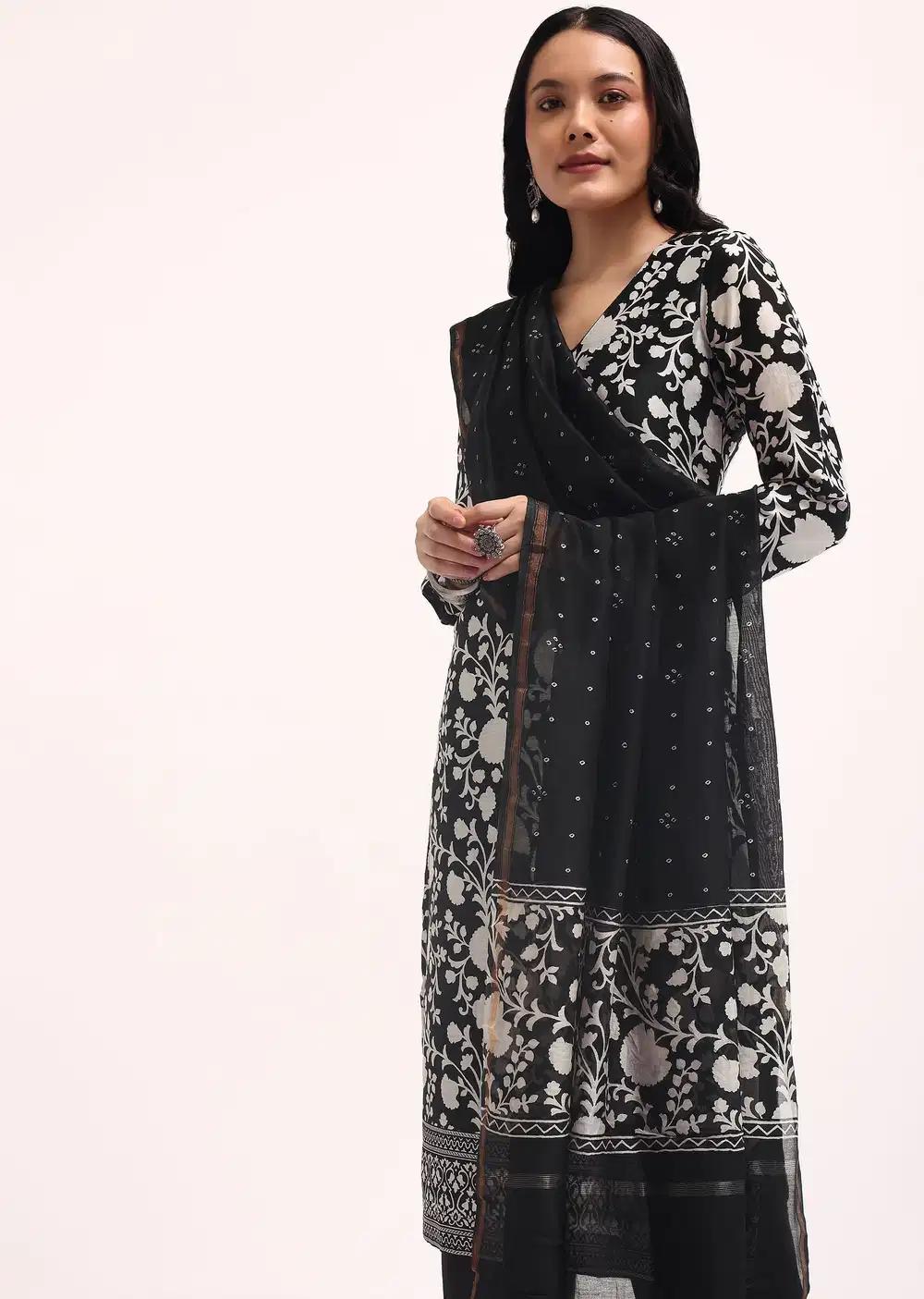 Black Floral Printed Chanderi Kurta Ensemble With Bandhani Dupatta Outfit