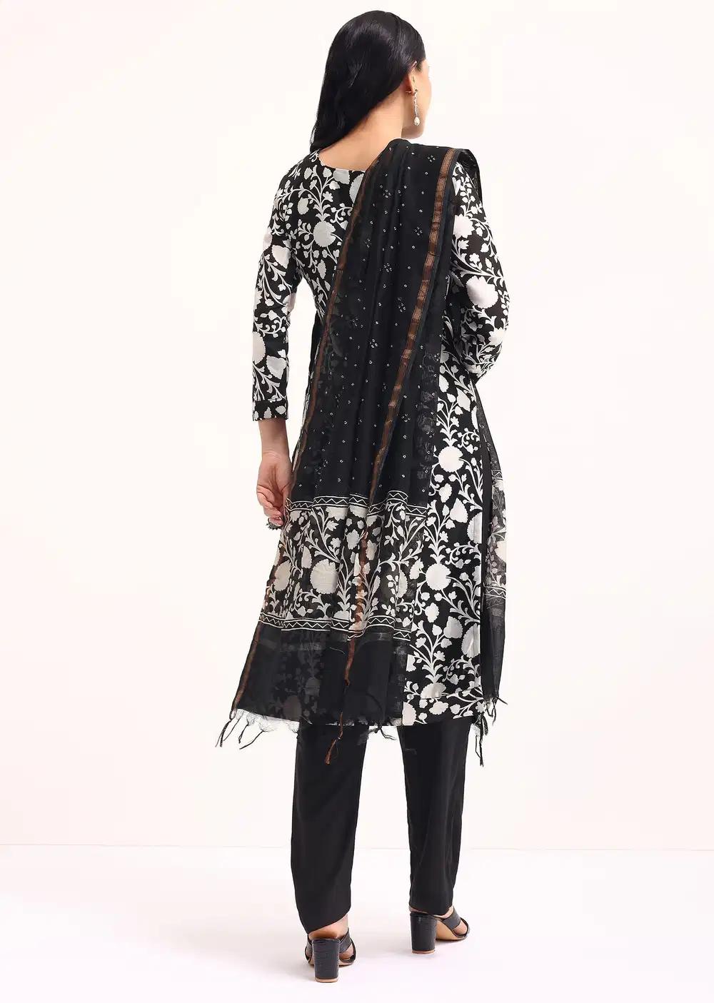 Black Floral Printed Chanderi Kurta Ensemble With Bandhani Dupatta Outfit