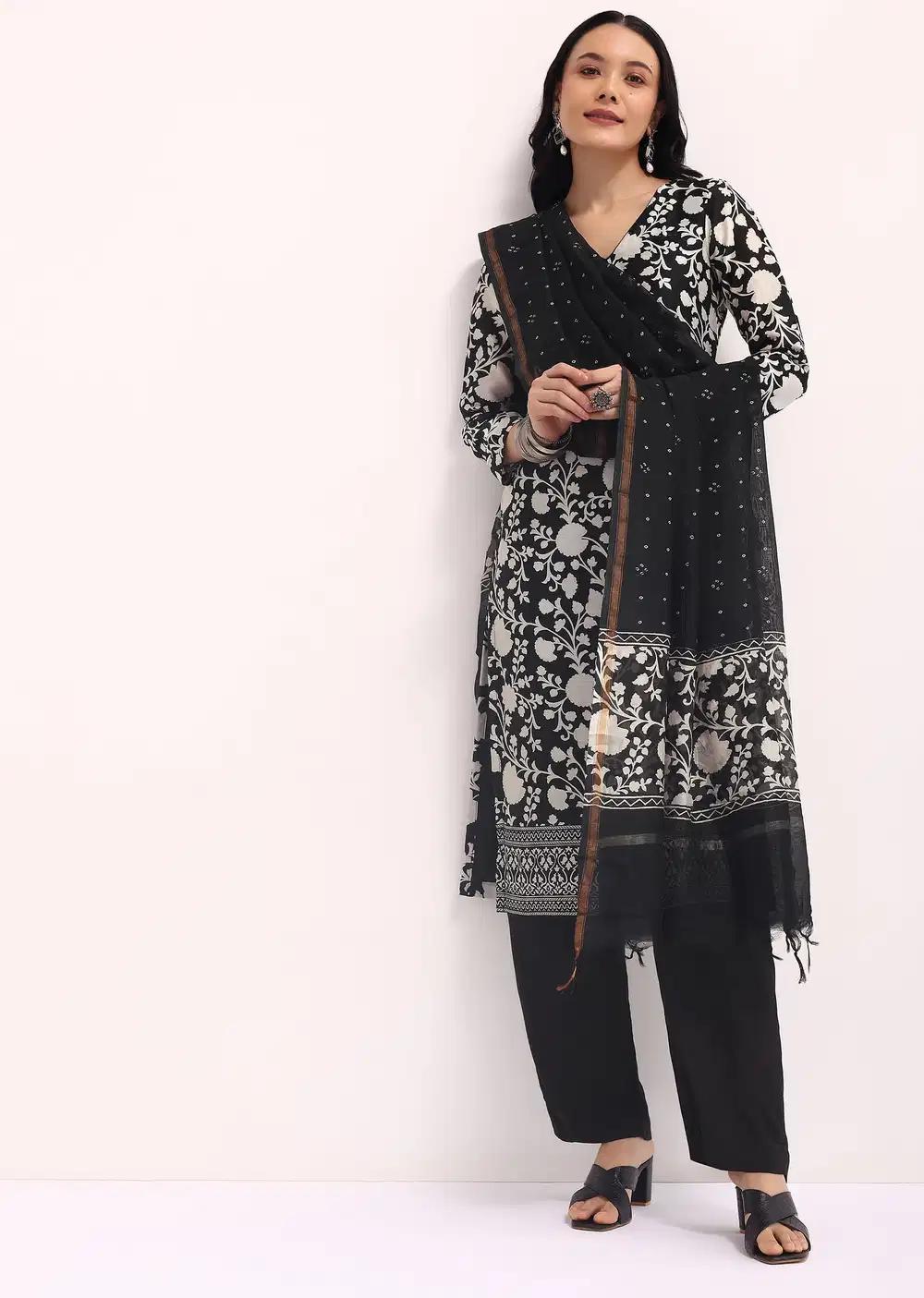 Black Floral Printed Chanderi Kurta Ensemble With Bandhani Dupatta Outfit