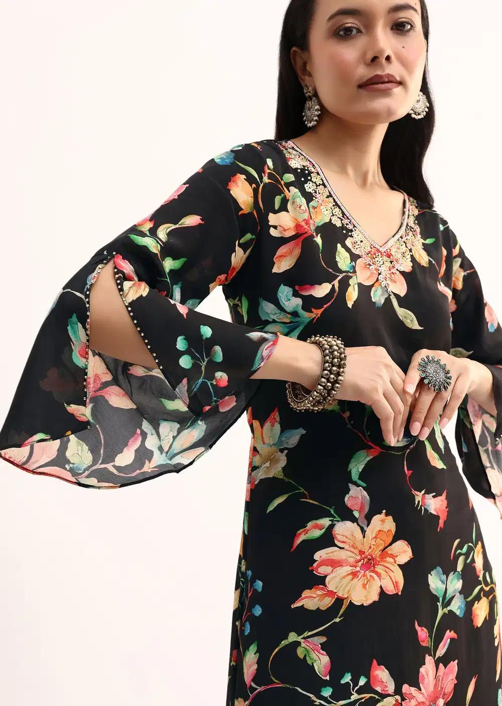 Black Floral Printed Crepe Kurta And Pant In Sequins Work Outfit