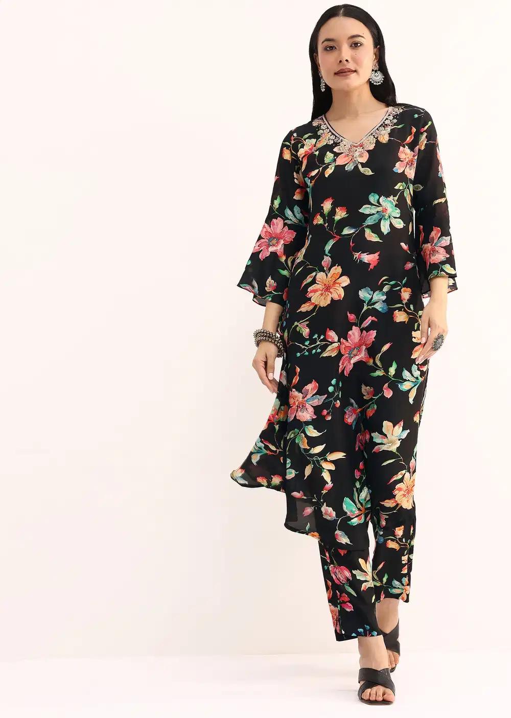 Black Floral Printed Crepe Kurta And Pant In Sequins Work Outfit