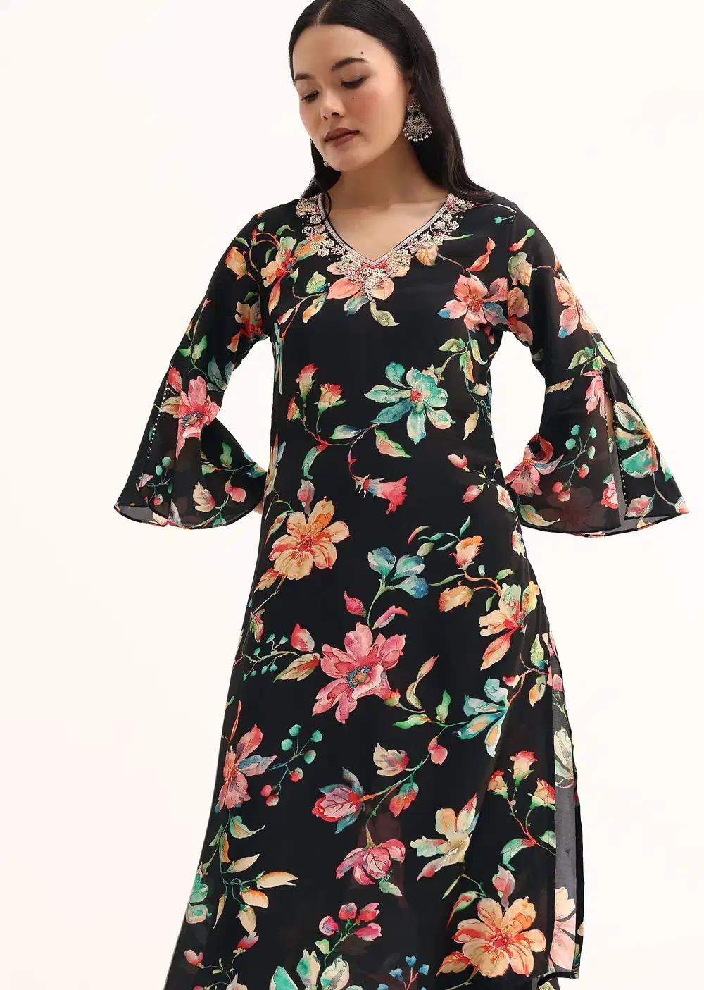 Black Floral Printed Crepe Kurta And Pant In Sequins Work Outfit