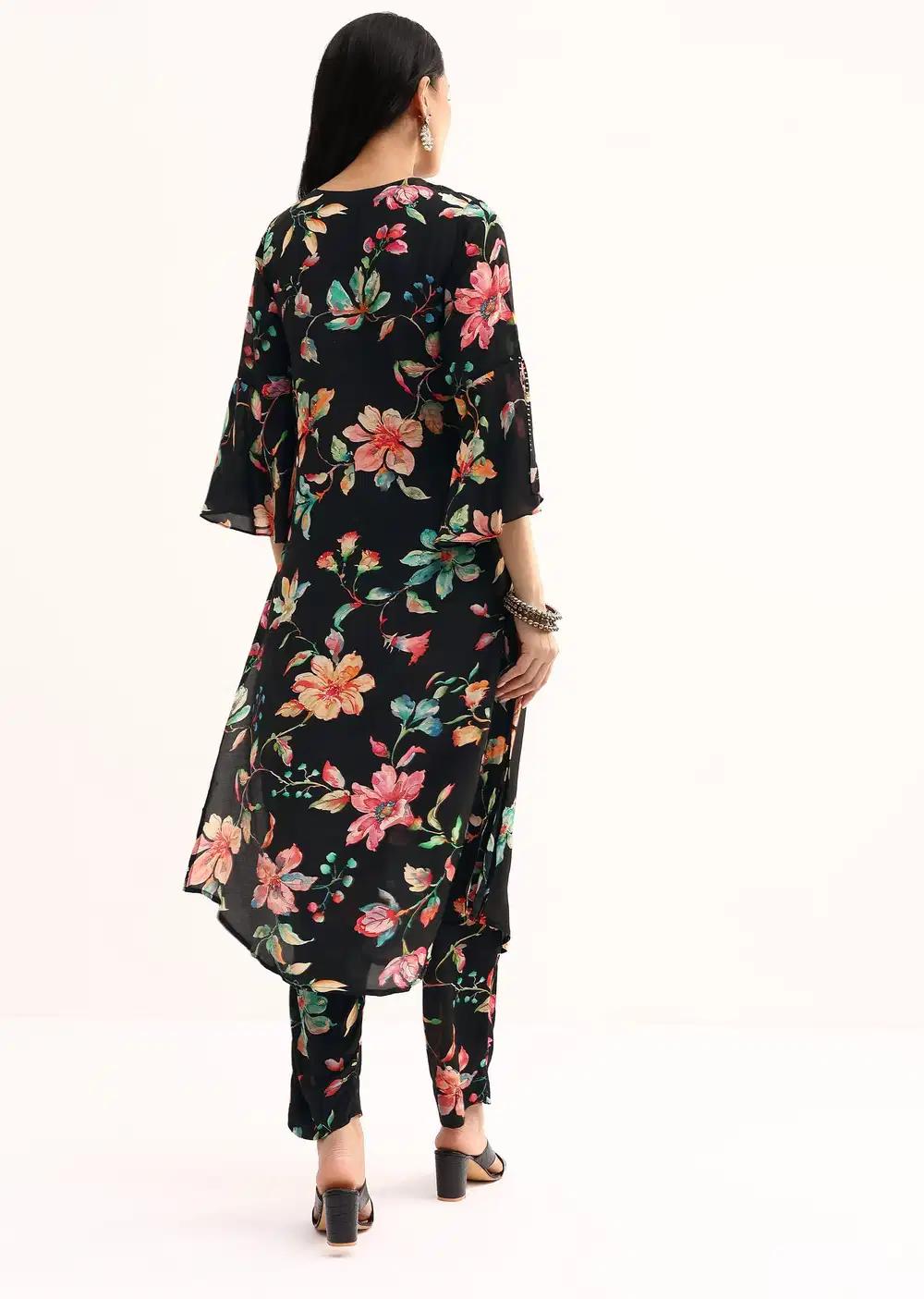 Black Floral Printed Crepe Kurta And Pant In Sequins Work Outfit