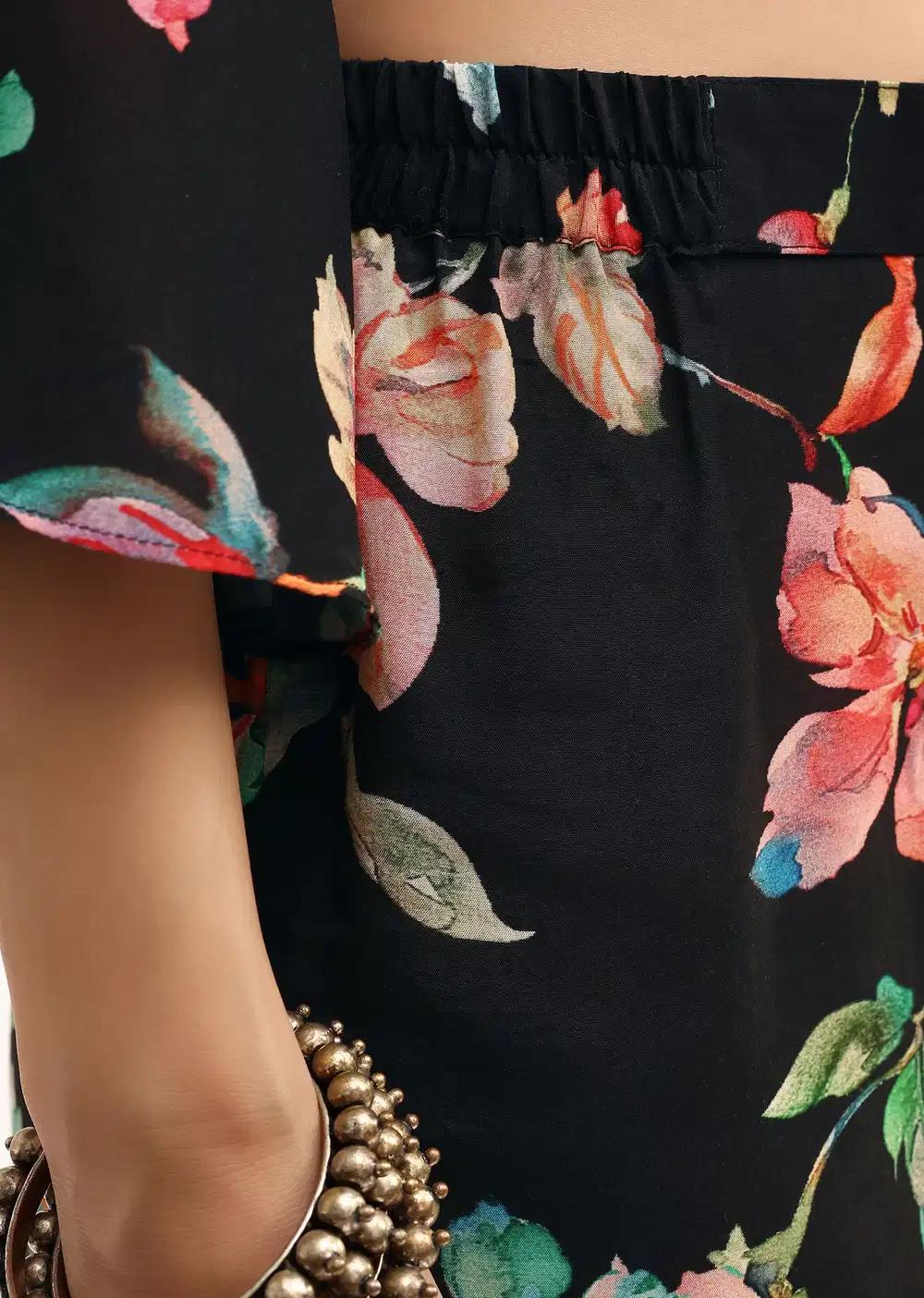 Black Floral Printed Crepe Kurta And Pant In Sequins Work Outfit