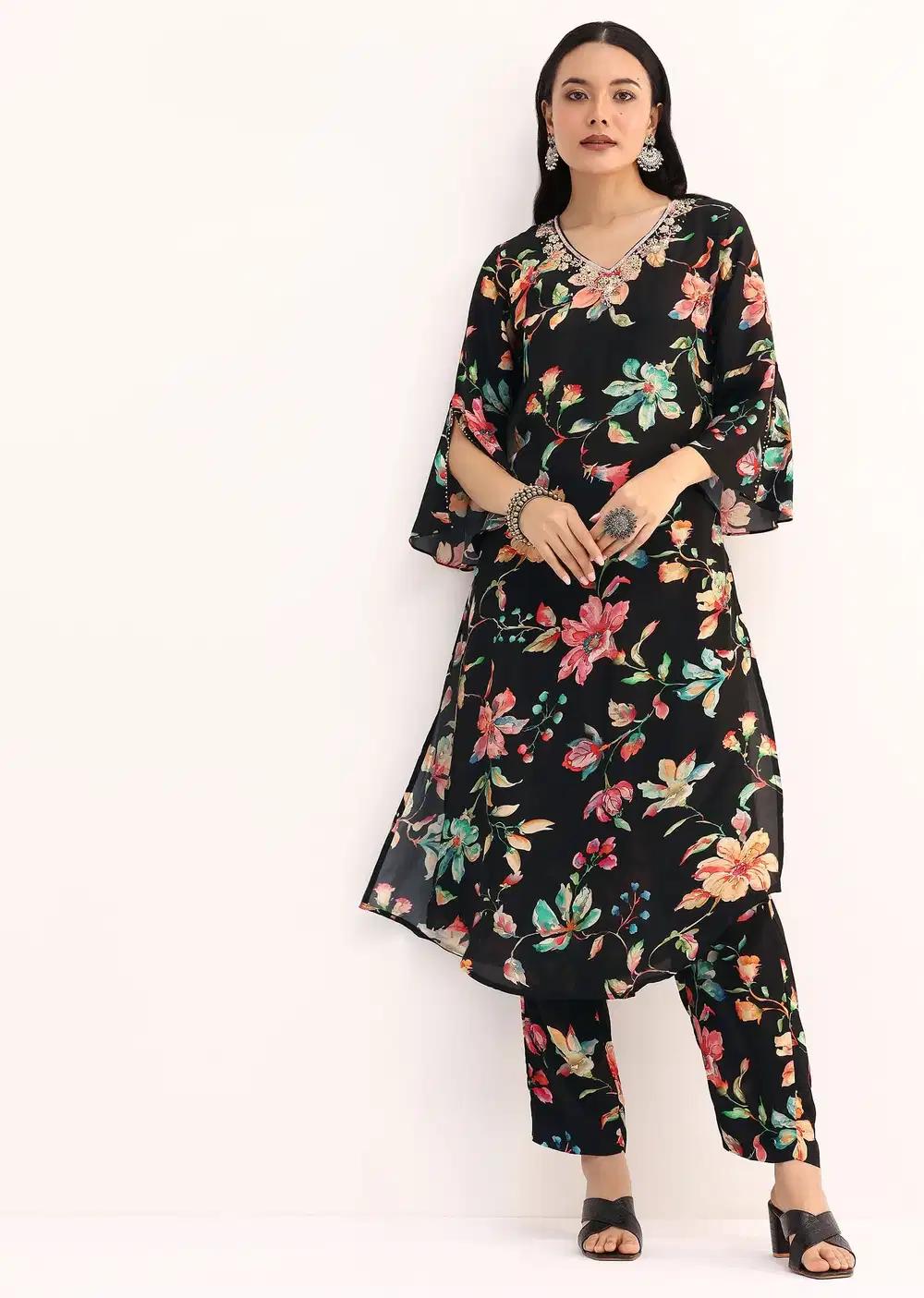 Black Floral Printed Crepe Kurta And Pant In Sequins Work Outfit