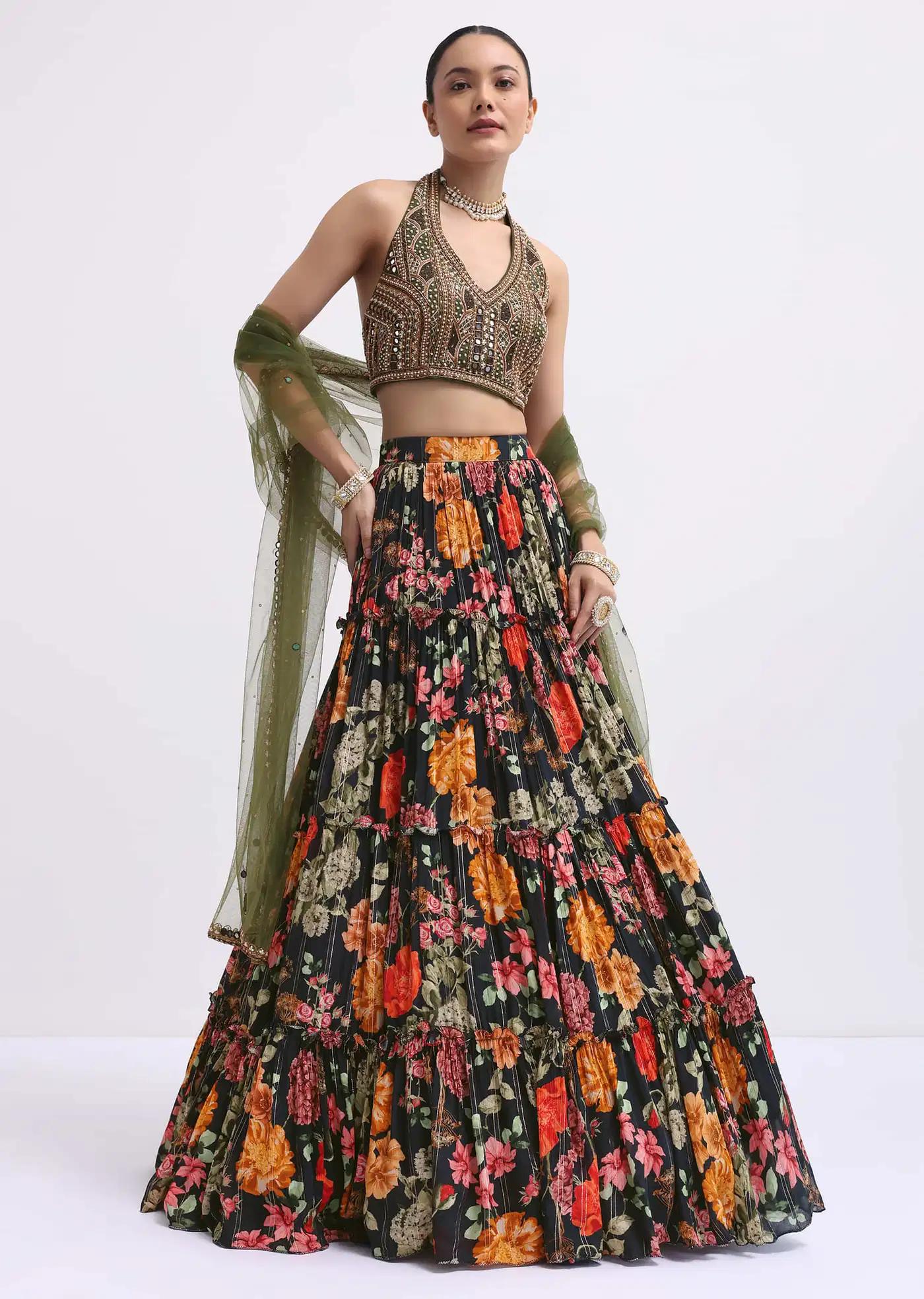 Black Floral Printed Silk Lehenga Skirt Blouse Ensemble