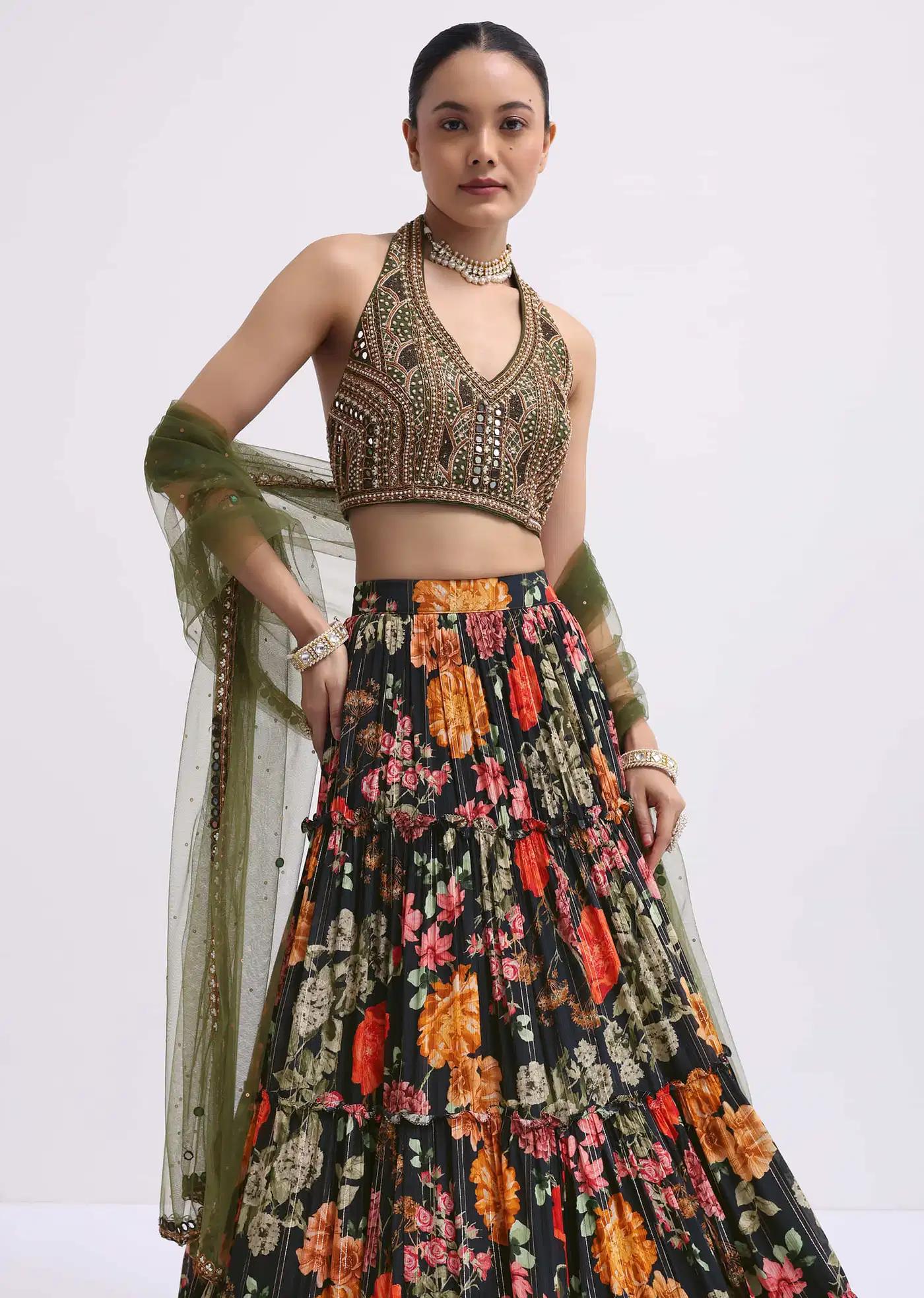 Black Floral Printed Silk Lehenga Skirt Blouse Ensemble