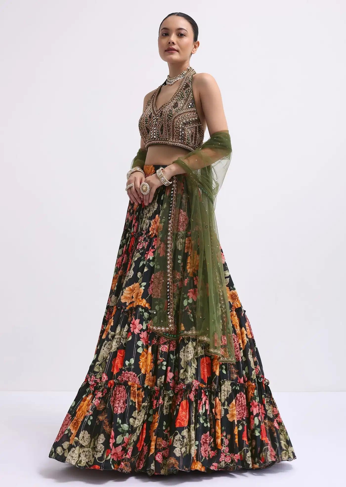Black Floral Printed Silk Lehenga Skirt Blouse Ensemble
