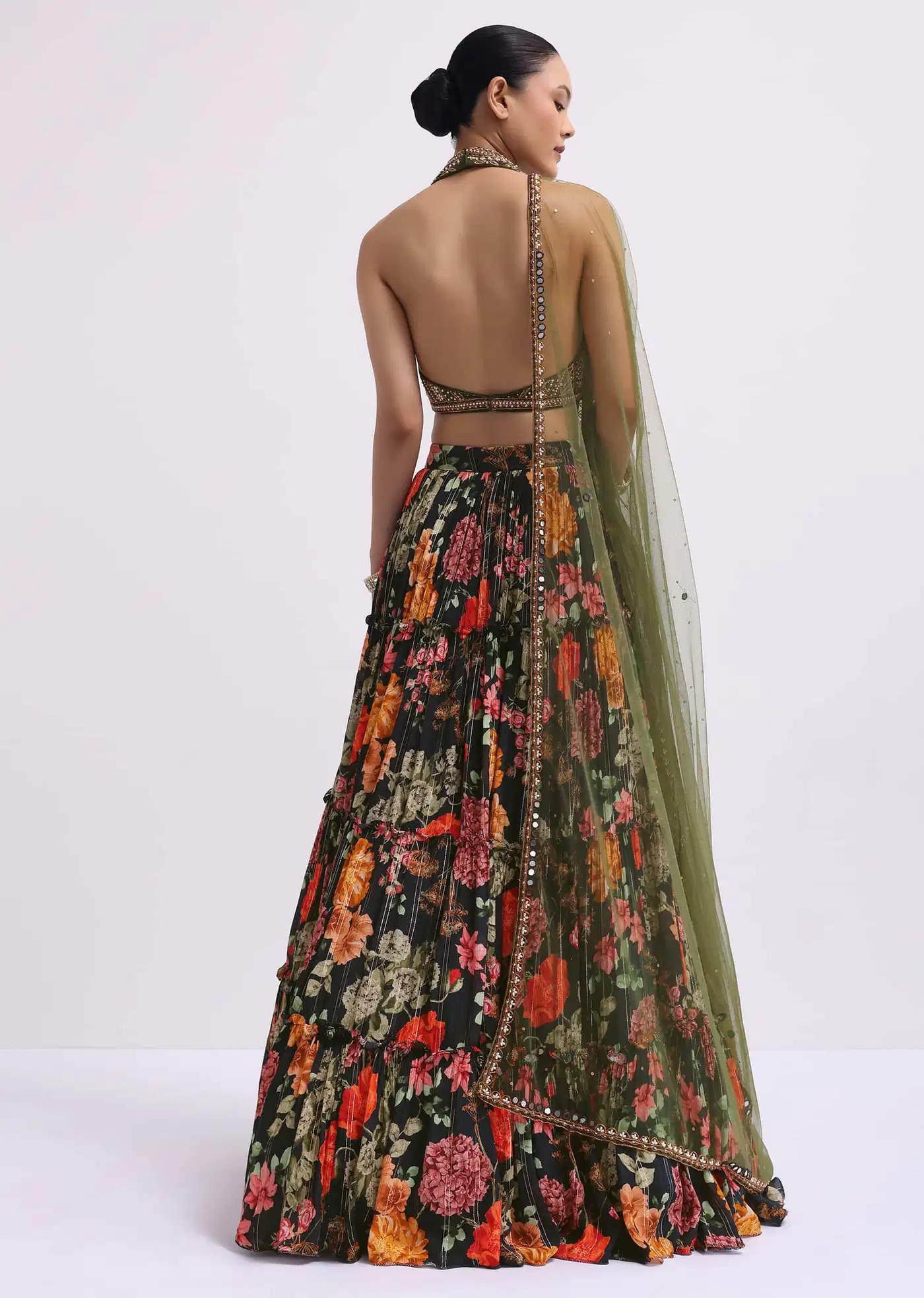 Black Floral Printed Silk Lehenga Skirt Blouse Ensemble