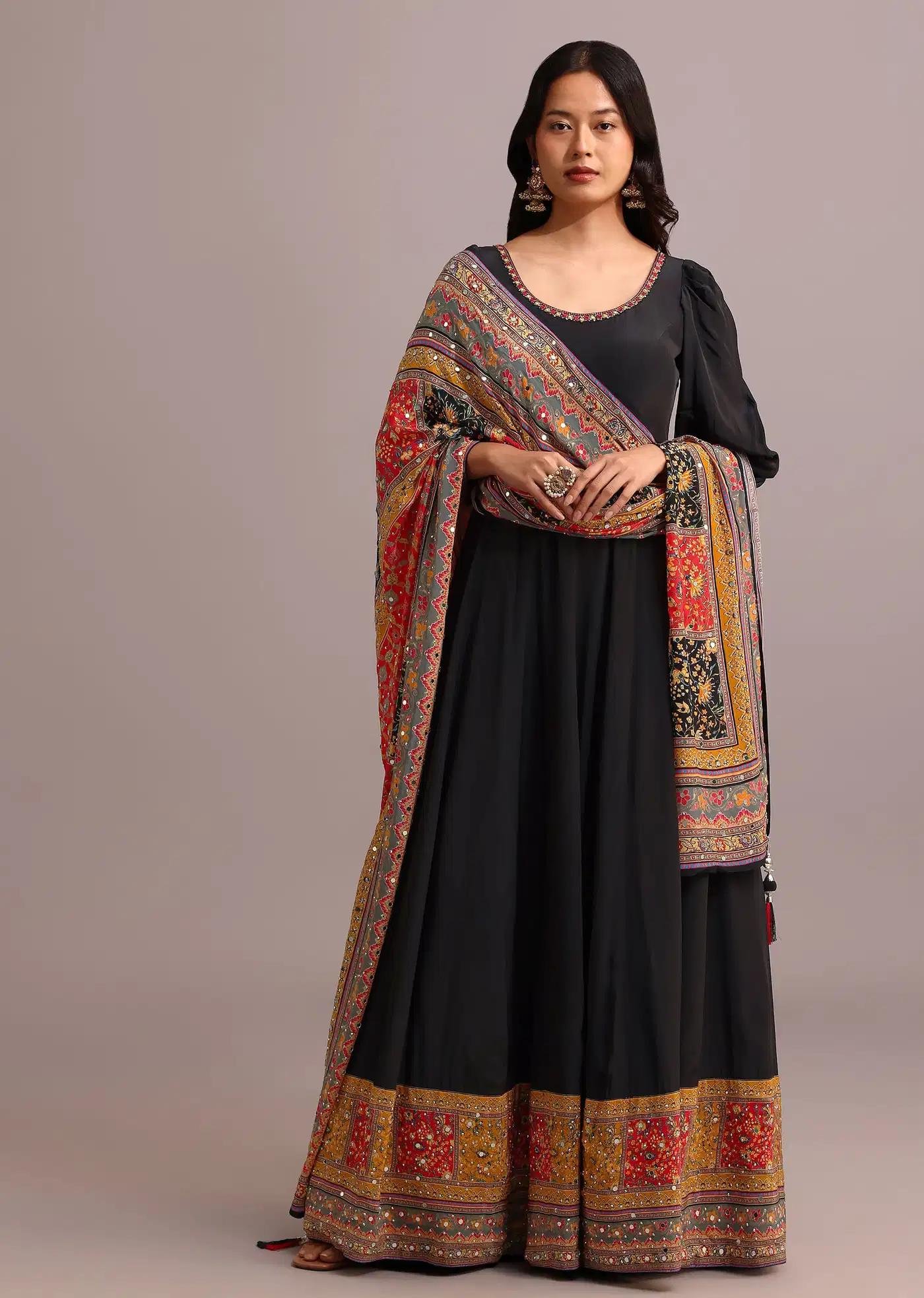 Black Handcrafted Anarkali Dress Featuring Patterned Drape