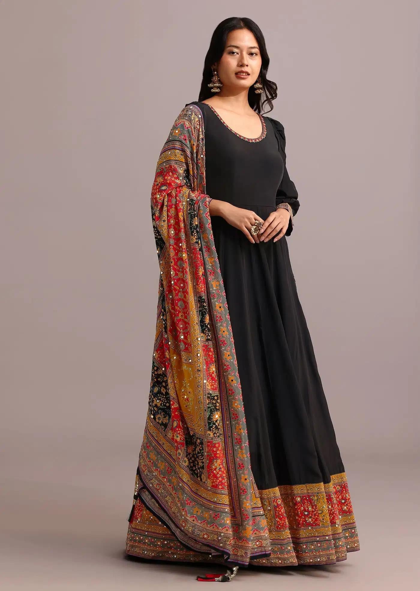 Black Handcrafted Anarkali Dress Featuring Patterned Drape