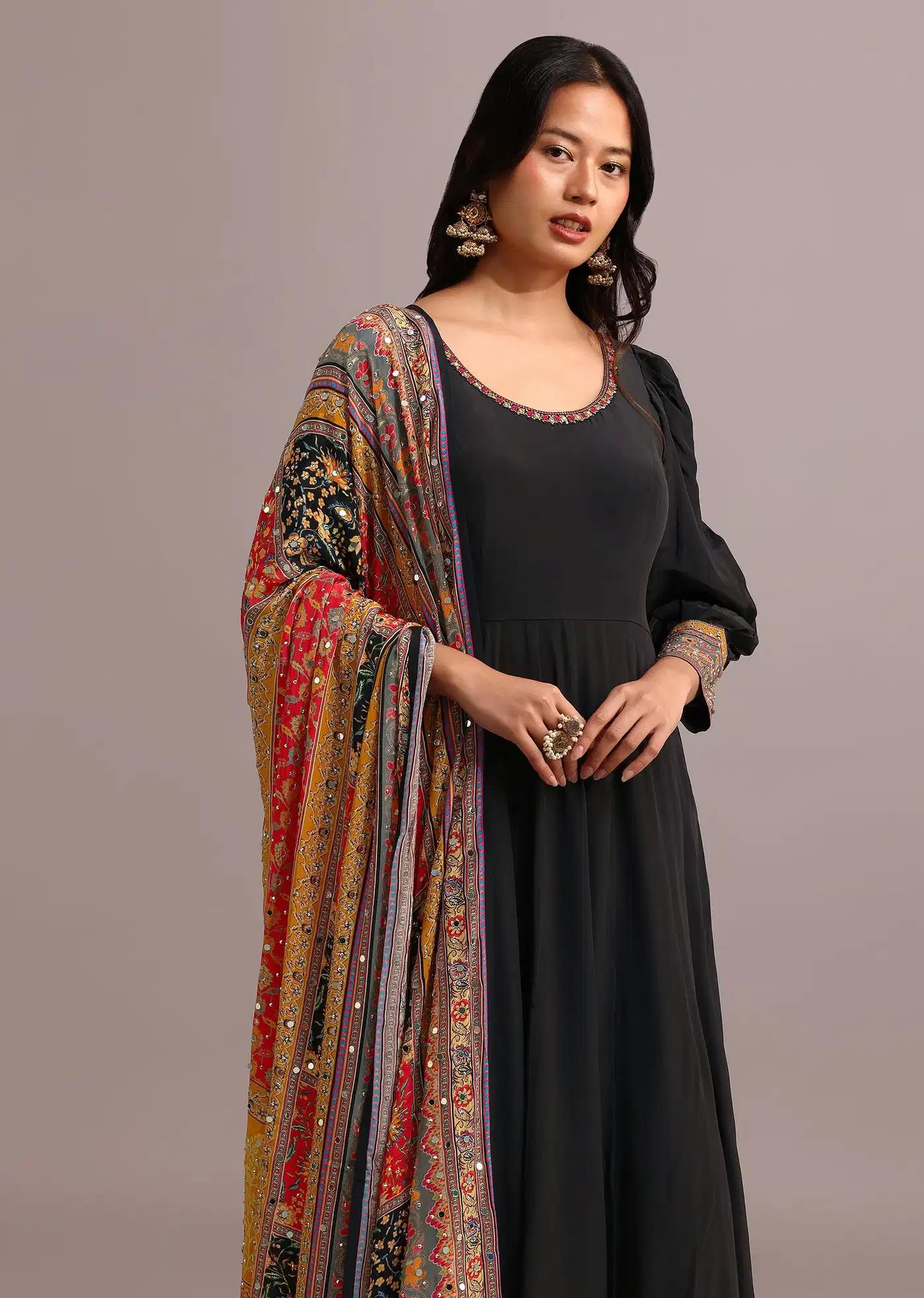 Black Handcrafted Anarkali Dress Featuring Patterned Drape