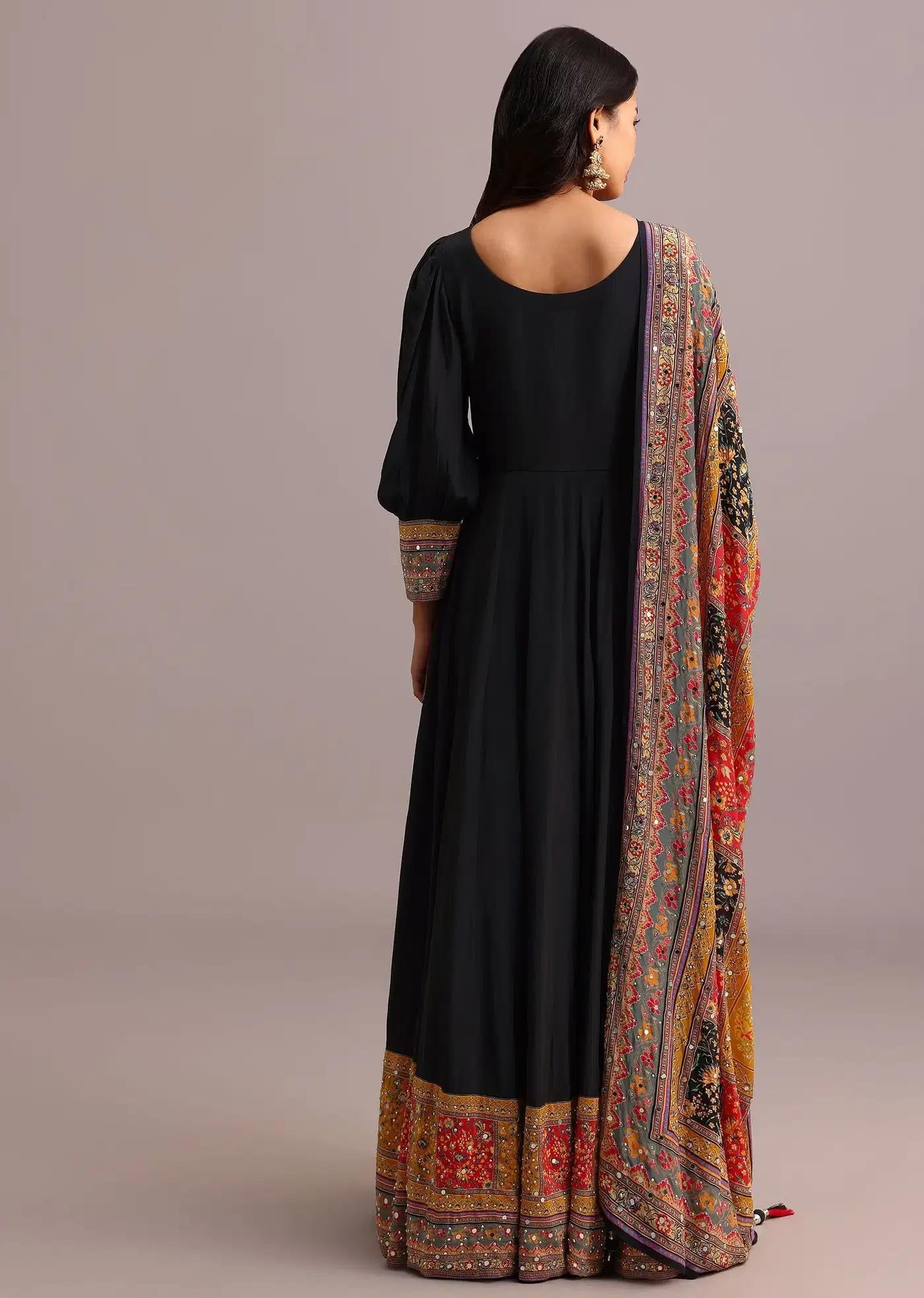 Black Handcrafted Anarkali Dress Featuring Patterned Drape