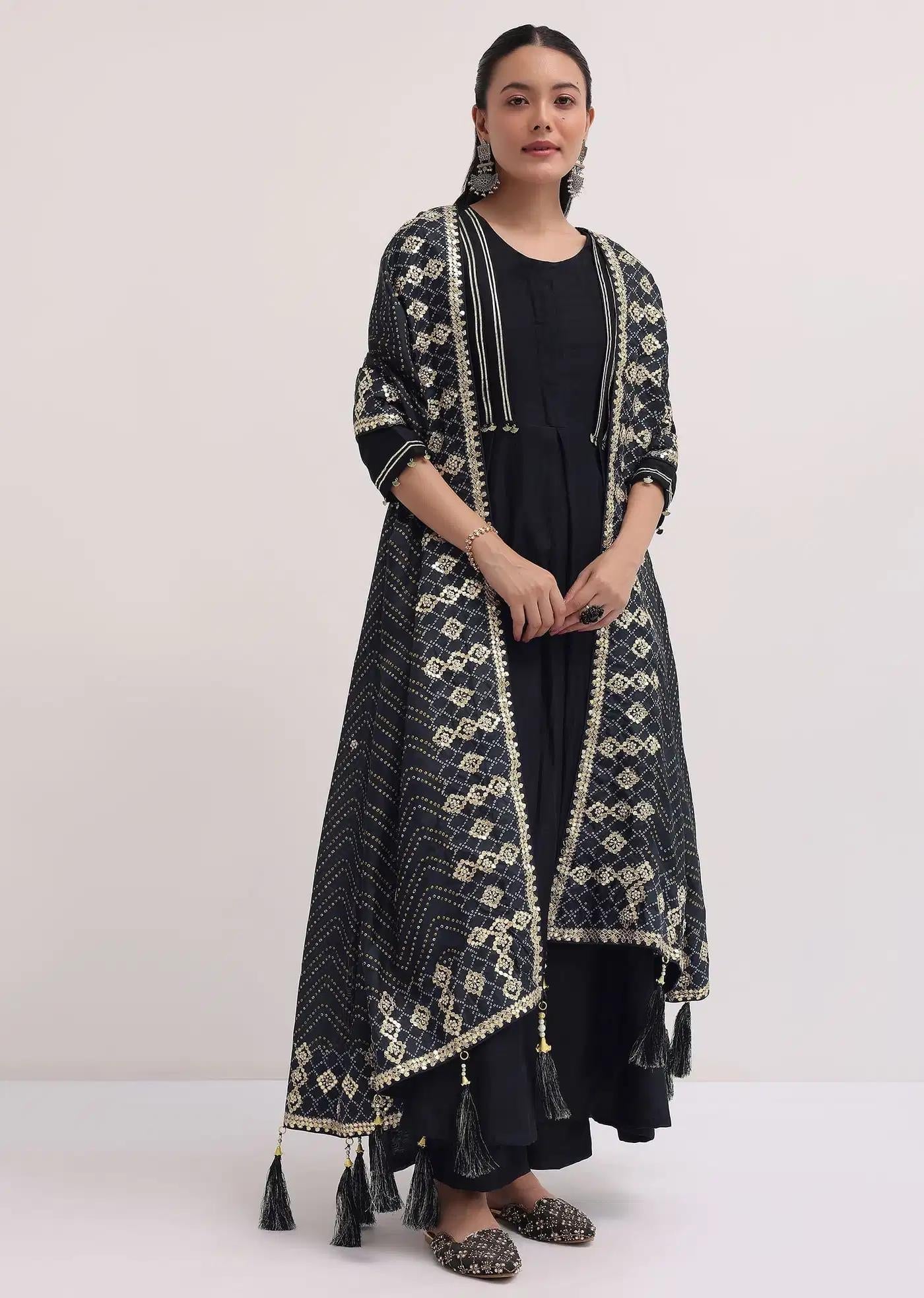 Black Handcrafted Chanderi Anarkali Dress Ensemble