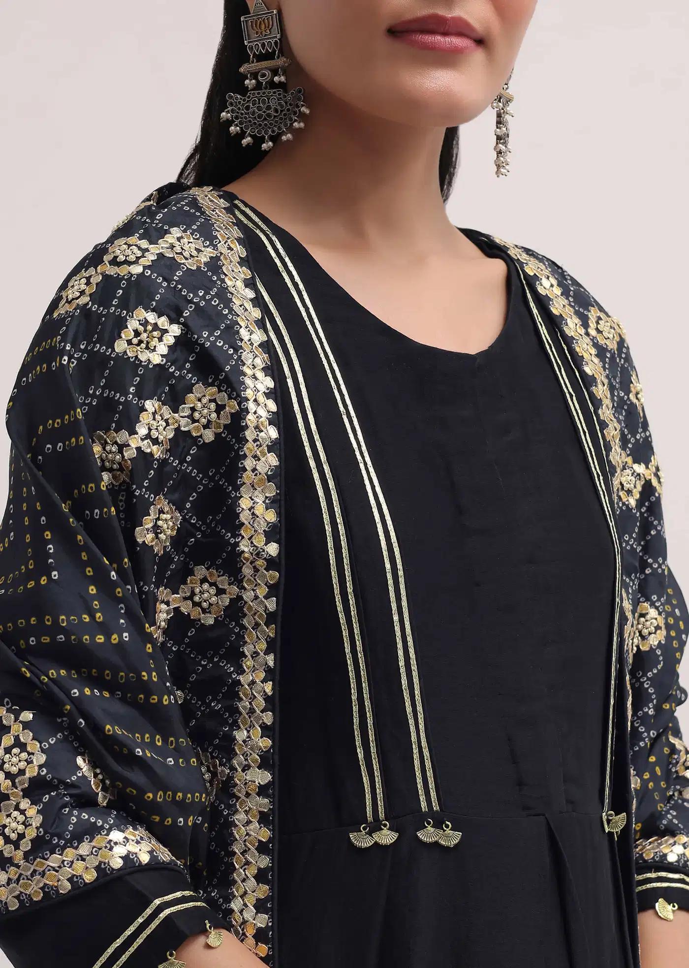 Black Handcrafted Chanderi Anarkali Dress Ensemble