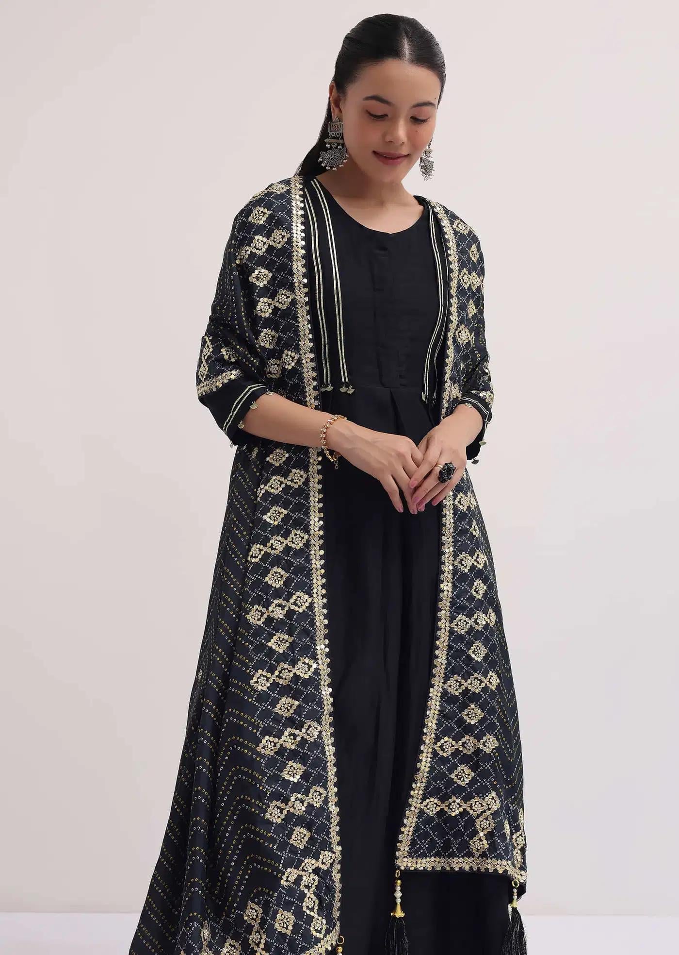 Black Handcrafted Chanderi Anarkali Dress Ensemble